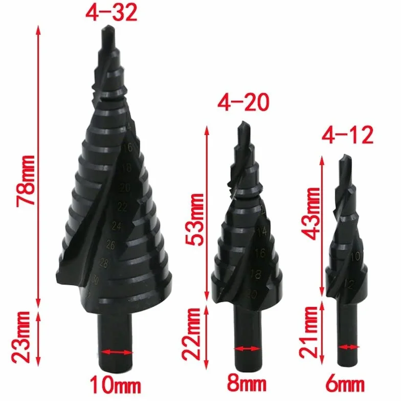 3 sztuk wiertło stopniowe 4-32mm stal szybkotnąca azotowanie kobaltu spiralne wiertło do metalu Bit trójkątny trzpień do drewna metalowe wiertło stożkowe narzędzia