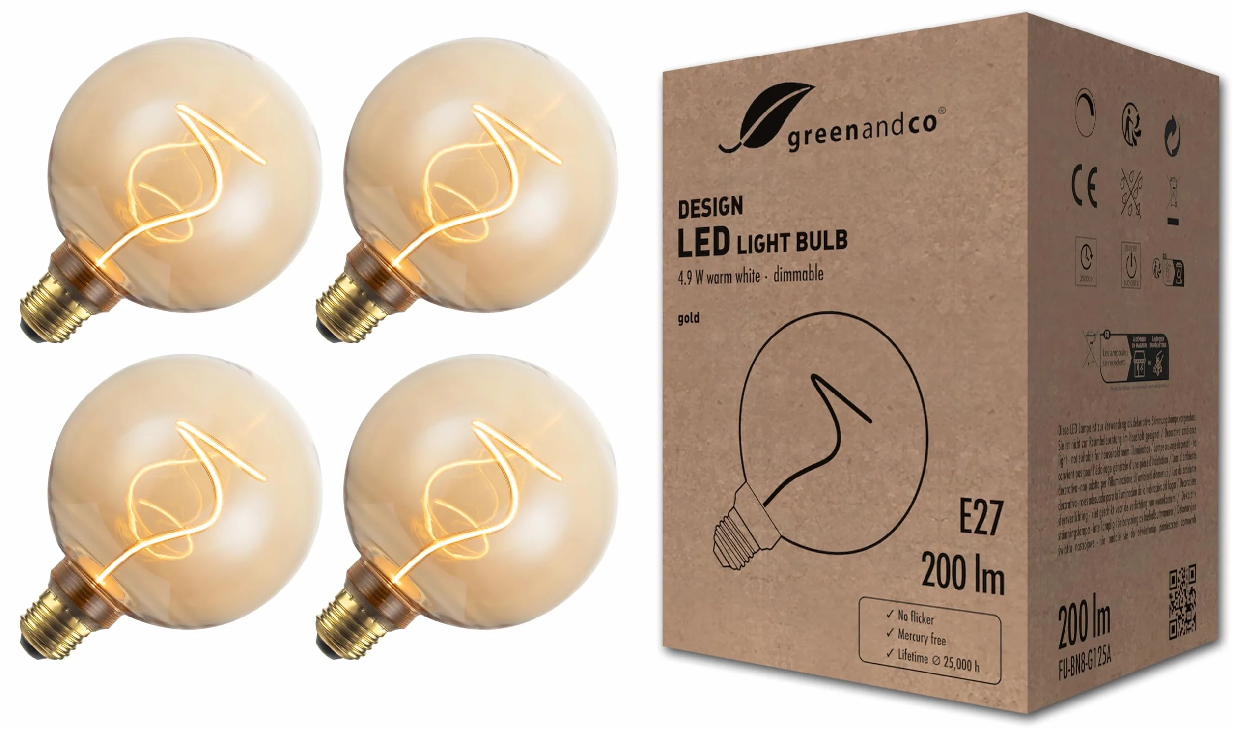 greenandco 4 x żarówka LED w stylu vintage do nastrojowego oświetlenia | ściemniana | E27 G125 | 4,9 W 200 lm | złota | 1800 K ekstra ciepła biel | 320° | 230 V | bez migotania