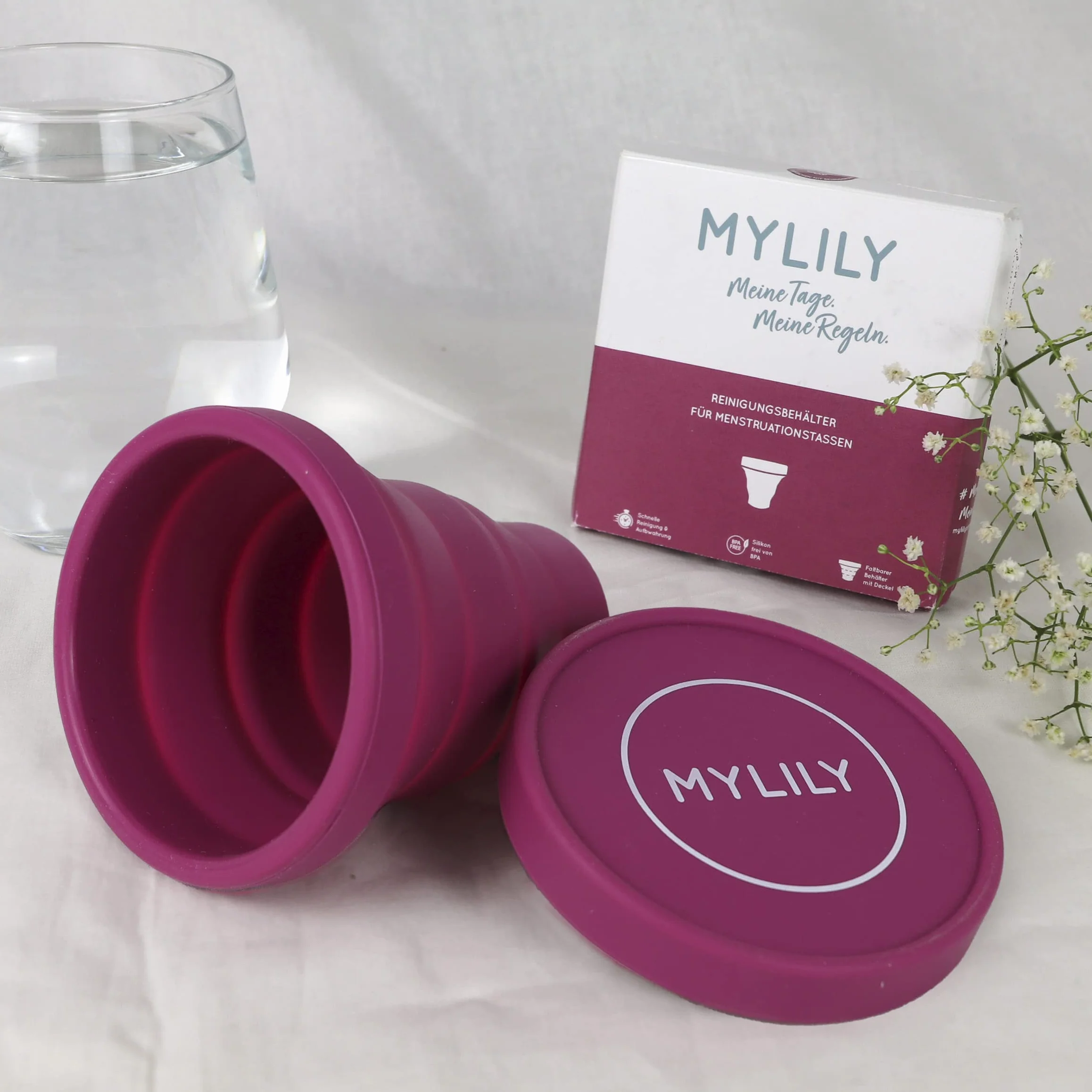 MYLILY® Kubeczki menstruacyjne do czyszczenia i przechowywania | sterylizator do wszystkich rodzajów kubeczków menstruacyjnych | składane etui do mikrofalówki | 100% silikon medyczny
