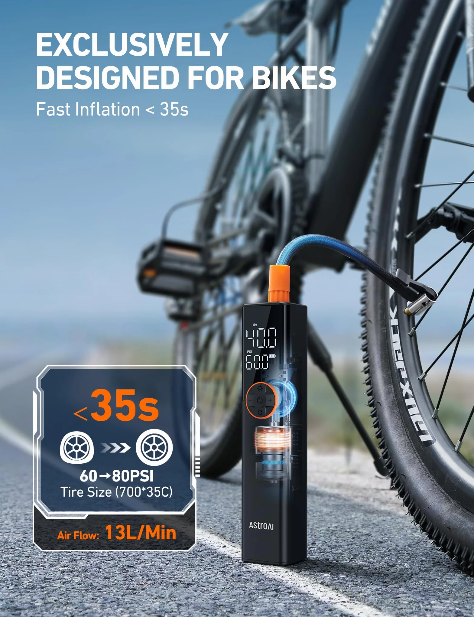 Pompa rowerowa AstroAI Elektryczna pompa powietrza, 150 PSI Mini przenośna pompa rowerowa na baterie, pasująca do wszystkich zaworów, silnik wysokiego napięcia specjalnie do rowerów