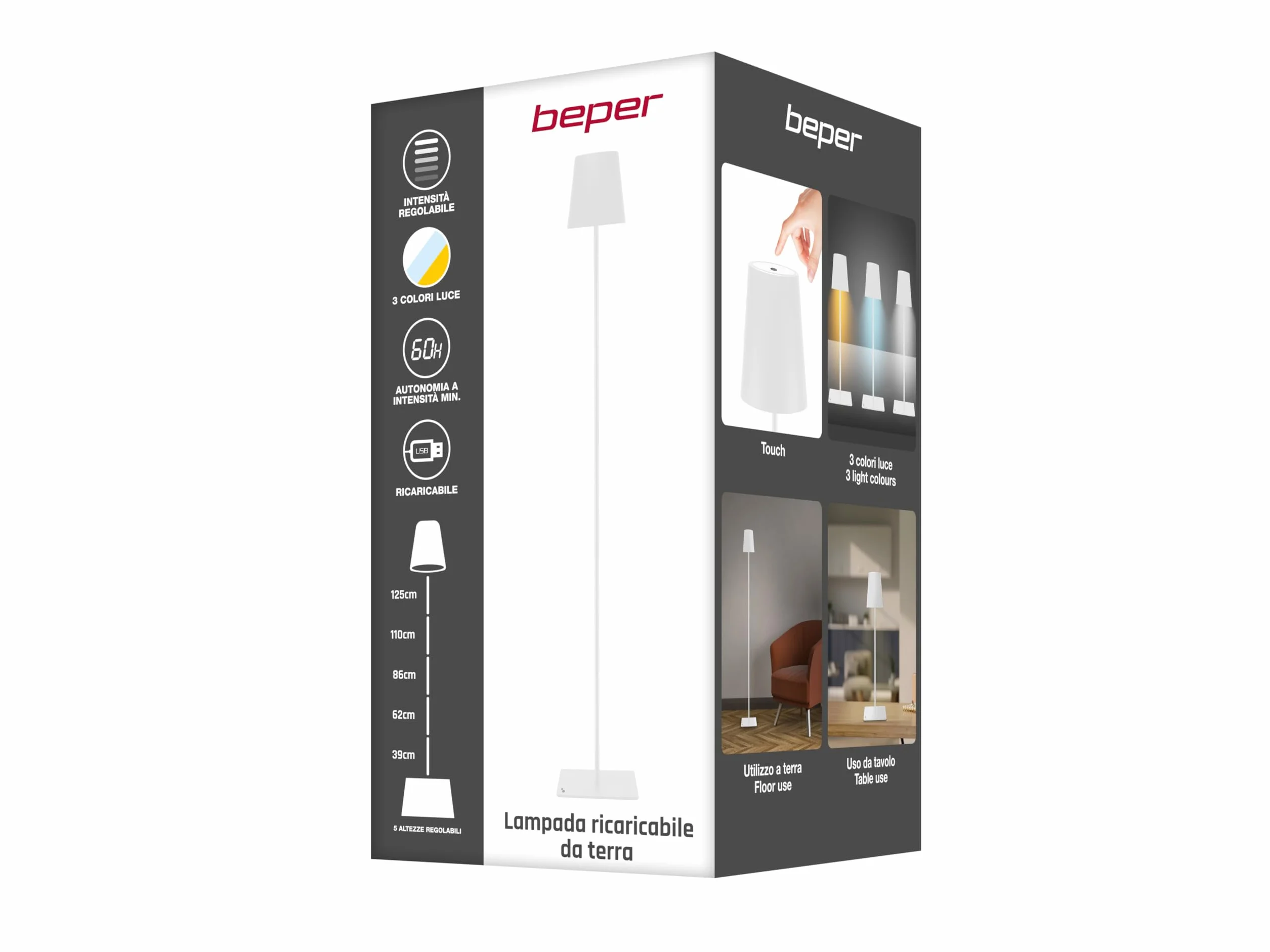 BEPER P201UTP404 XL Lampa Podłogowa z Regulacją Wysokości, Lampa Biurkowa 2.5W, Kabel USB Typu C do Ładowania, 3 Klosze, Biały