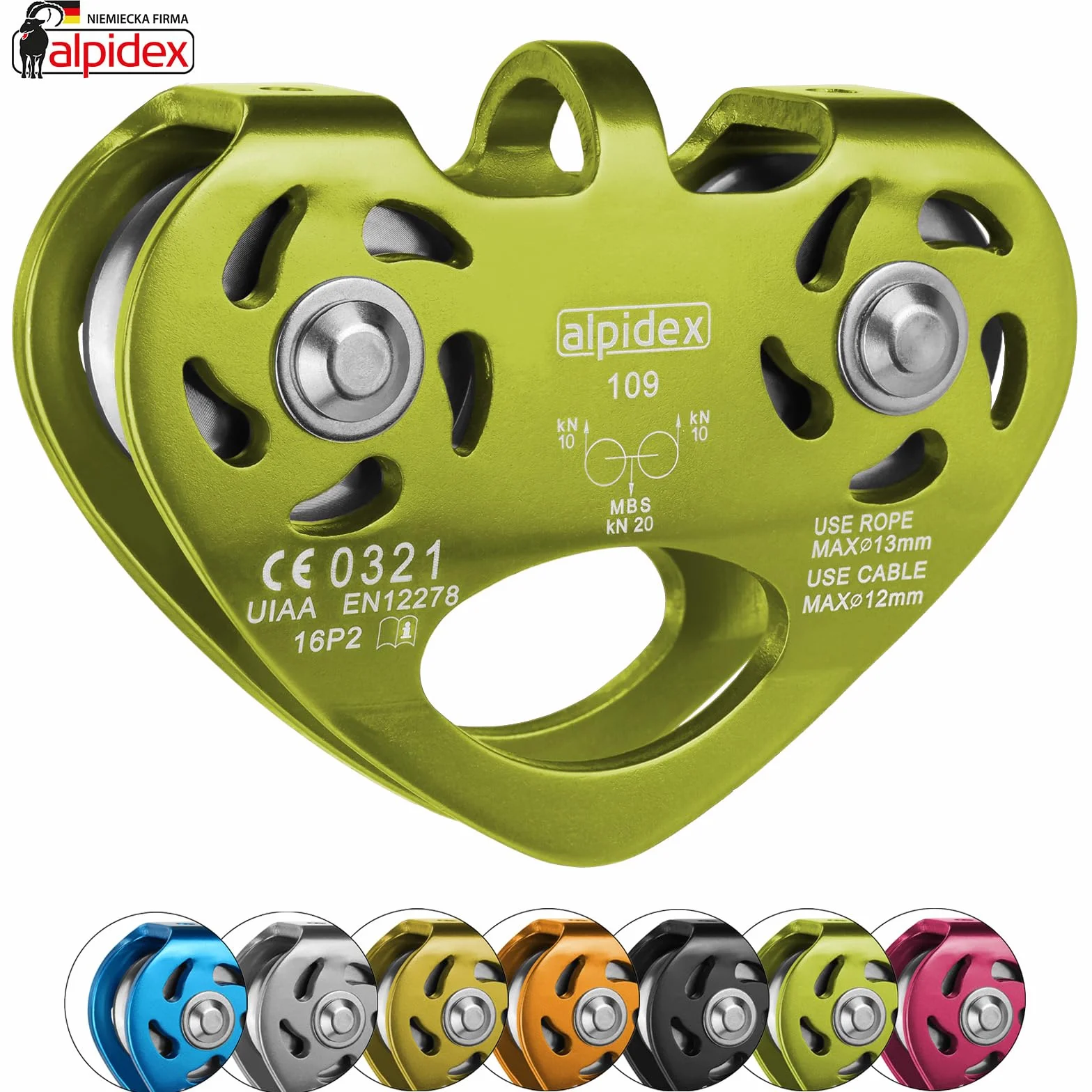 ALPIDEX Rolka Do Wspinaczki 20 kN - Tandem Pulley Koła Pasowego - Lin Stalowych Do 12 mm Tekstylnych Do 13 mm - EN12278
