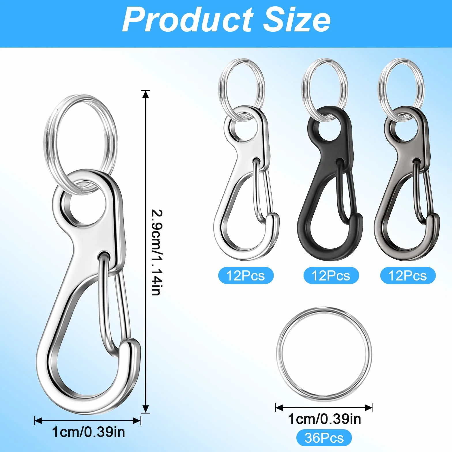 36 sztuk mini karabińczyków, małe karabińczyki, 1,4 cm, breloczek do kluczy z 36 sztukami 1 cm kółek na klucze do kluczy, plecaka, wędkowania, kempingu, wędrówek na świeżym powietrzu (3 kolory)