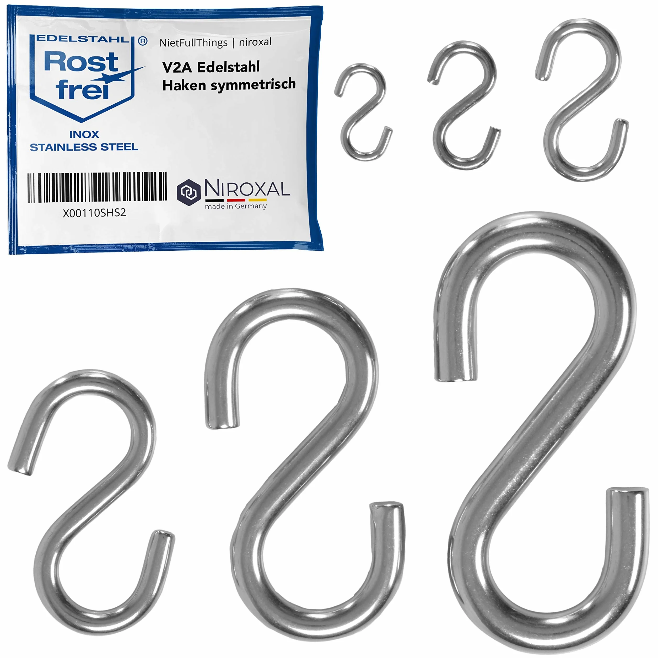 NietFullThings Hak symetryczny S ze stali nierdzewnej V2A, mała średnica 3 mm, grubość 24 mm, długość 24 mm, metalowy haczyk do zawieszenia, dekoracja