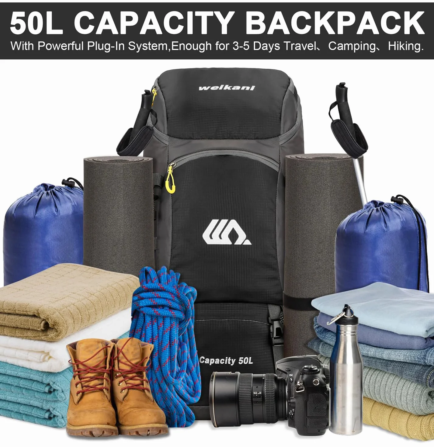 jianyana Plecak turystyczny, wodoodporny, 50 l, składany, trwały, lekki plecak kempingowy z osłoną przeciwdeszczową, na kemping, trekking, wędrówki, spacery, jazdę na rowerze, wspinaczkę, sporty na