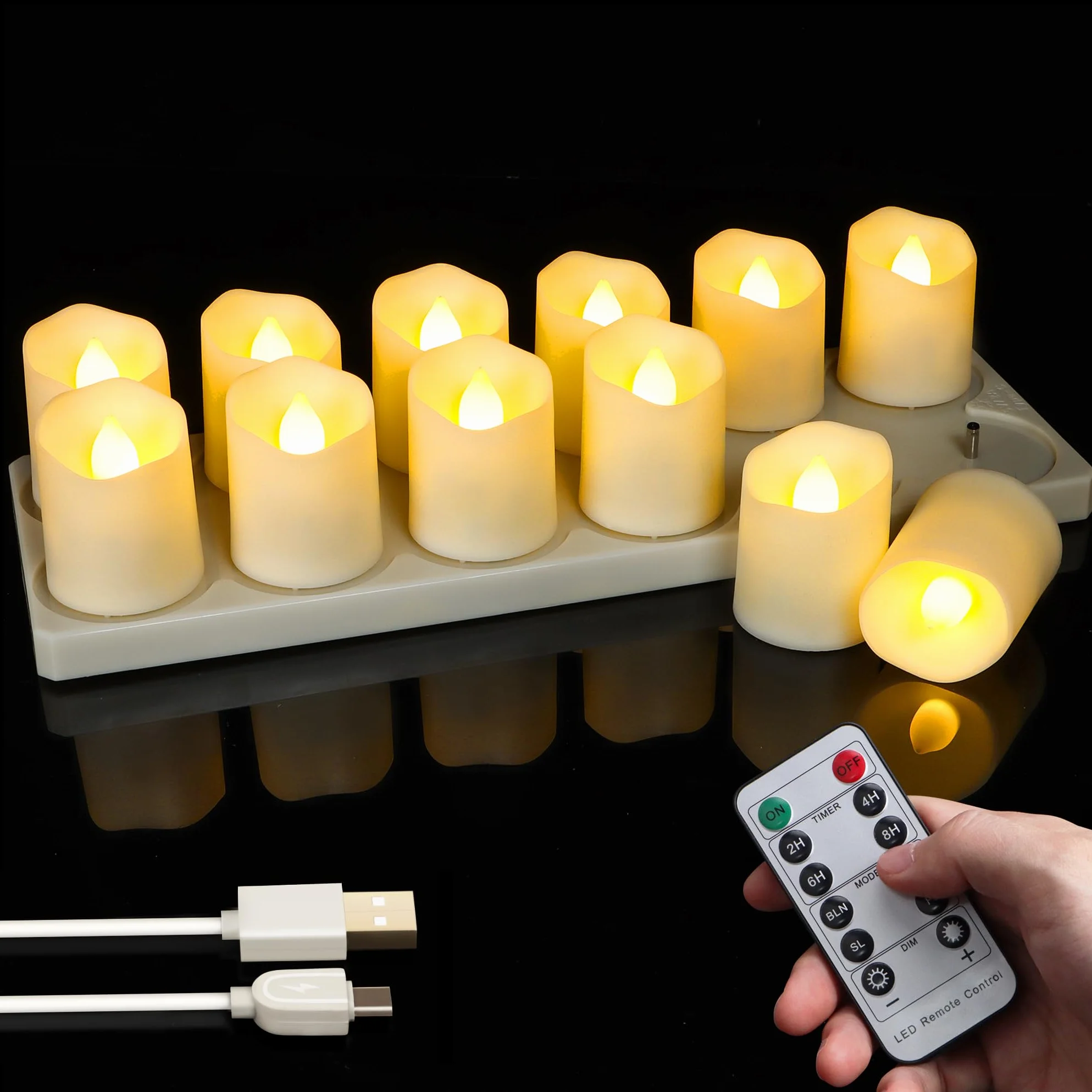 FREEPOWER 12 sztuk akumulatorowych świeczek LED z stacją ładującą, kablem USB i pilotem zdalnego sterowania – funkcja timera, migotanie w ciepłej bieli, Ø4x4,5cm