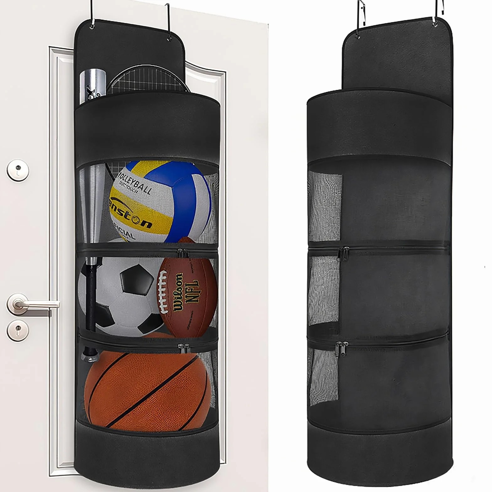 Wiszący nad drzwiami organizer na sprzęt sportowy, duża torba sportowa wisząca z 2 metalowymi haczykami, uchwyt na piłkę ścienną do przechowywania koszykówki, piłki nożnej, siatkówki i tenisa