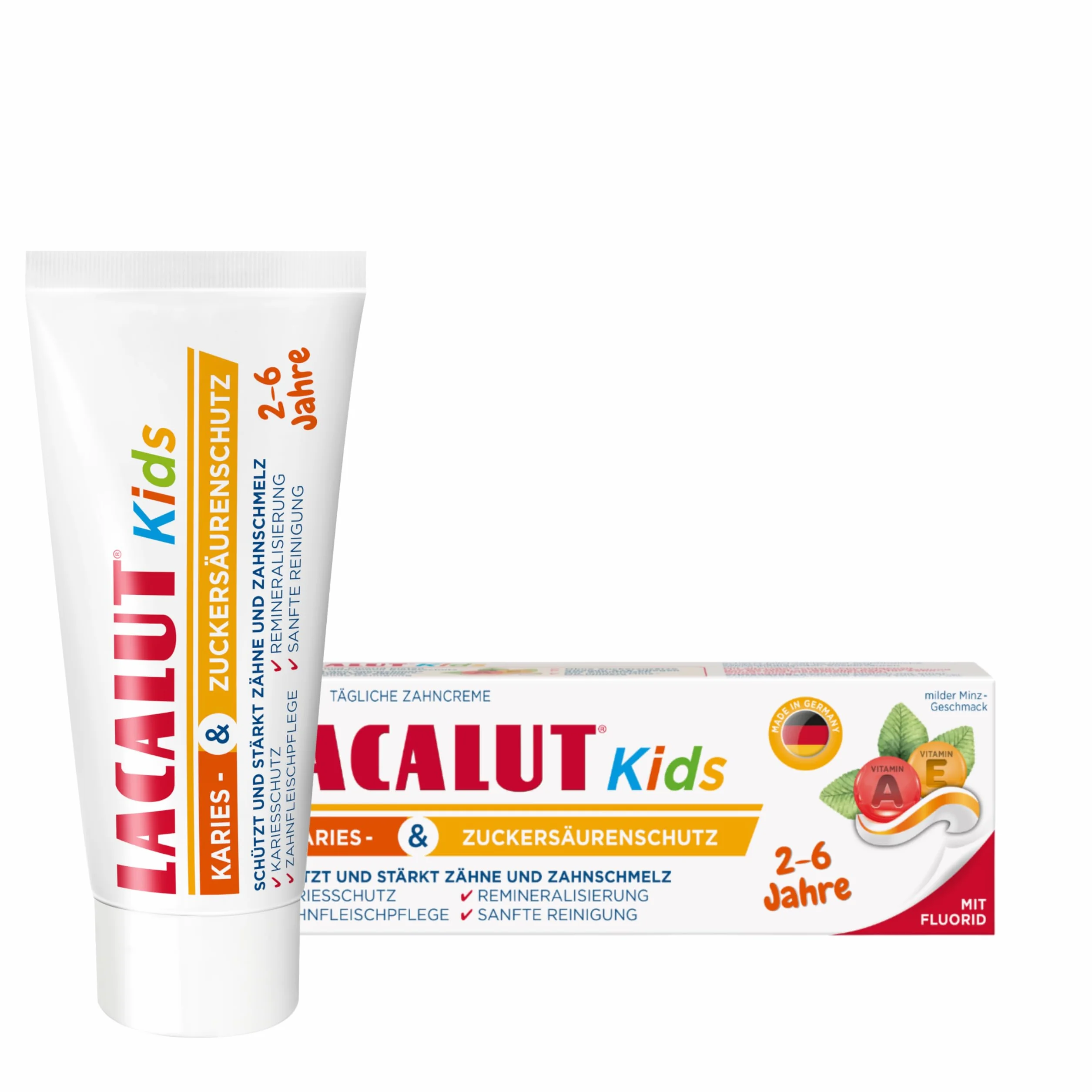 Lacalut Kids 2-6 lat 55 ml – pasta do zębów dla dzieci z wysoce skuteczną ochroną przed próchnicą i kwasem cukrowym – pasta do zębów z technologią 2-fazową i witaminą A+E