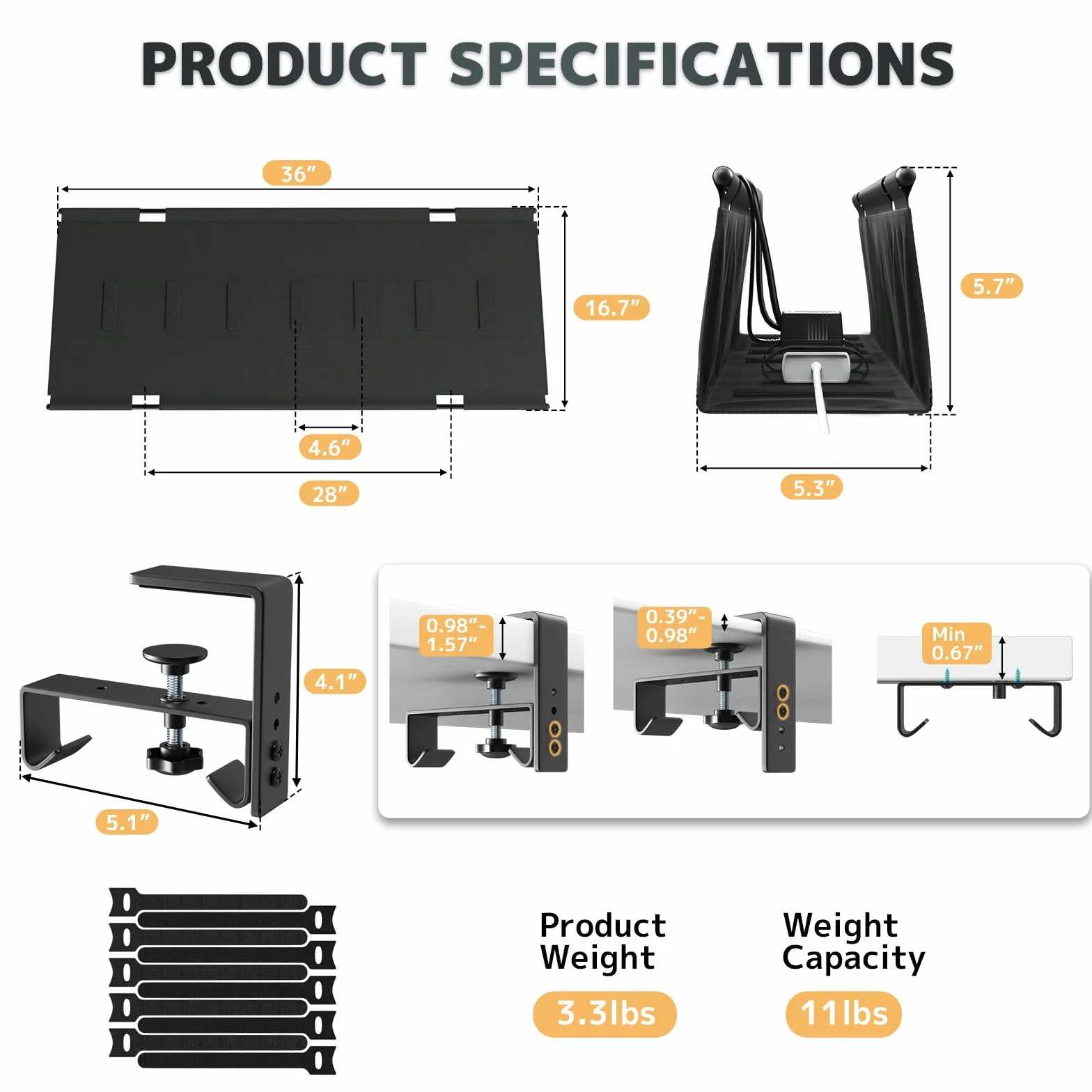 Organizer Kabli pod Biurko Bez Wiercenia, 90cm System Zarządzania Kablami z Montażem na Zaciski/Śruby, Stabilna & Wodoodporna Tkaninowa Skrzynka na Kable do Domu i Biura, Czarny