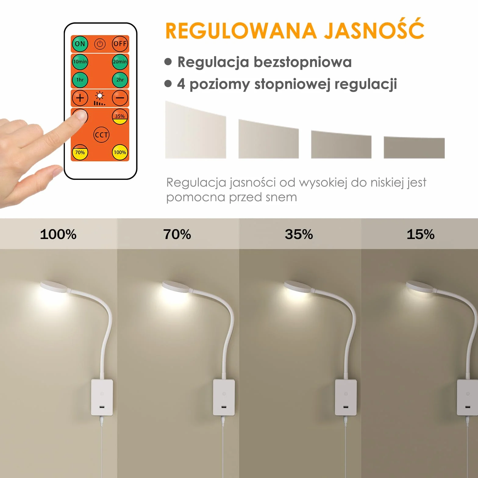ENUOTEK Kinkiet Do Czytania LED Do Sypialni Na Stolik Nocny Z Pilotem, Ścienna Elastyczna Lampa Do Czytania Z Portem USB 5V2A, Stopniowa Regulacja, 3X Kolory Oświetlenia, Timer Automatyczne Wyłączanie