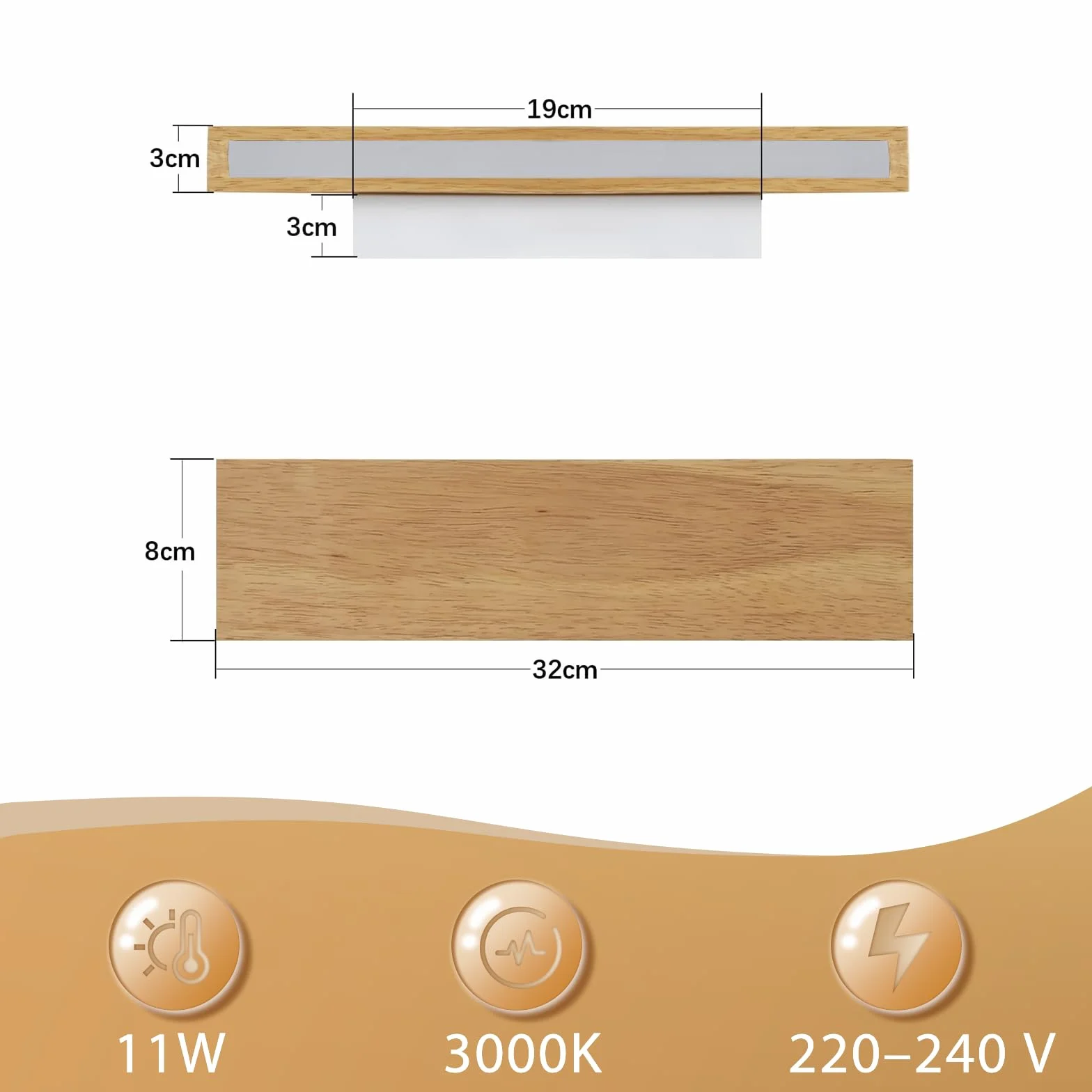 ZMH LED Wall Light Kryty kinkiet 32CM Drewniana 10W 3000K Ciepła biała Oświetlenie ścienne