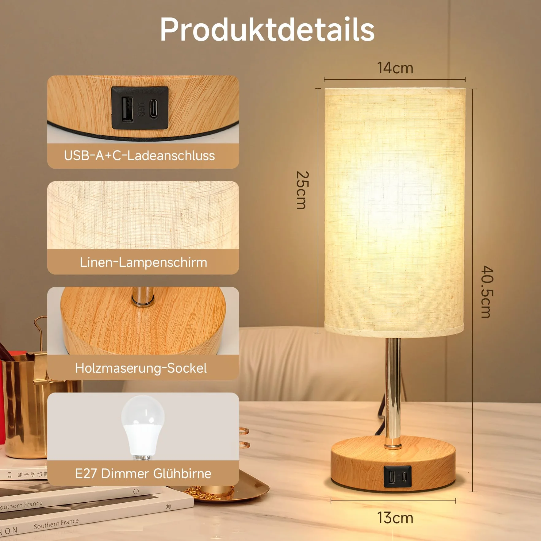 Lampka nocna dotykowa ściemniana zestaw 2 sztuk z portami USB A/C abażur lniany 3 poziomy jasności 9W