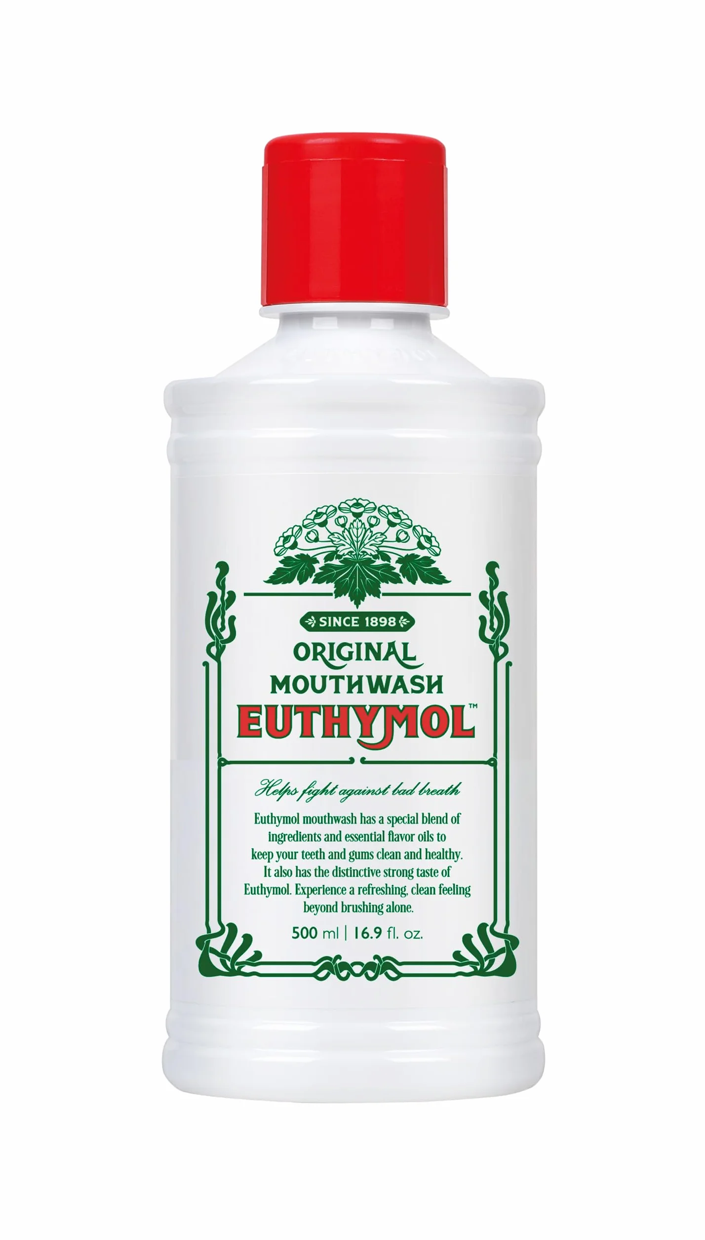 Euthymol Mouthwash Original 500ml, Bez Fluoru, Intensywny Smak, Redukuje Płytkę, Zdrowe Zęby i Dziąsła, Odświeża Oddech, Codzienna Pielęgnacja Jamy Ustnej