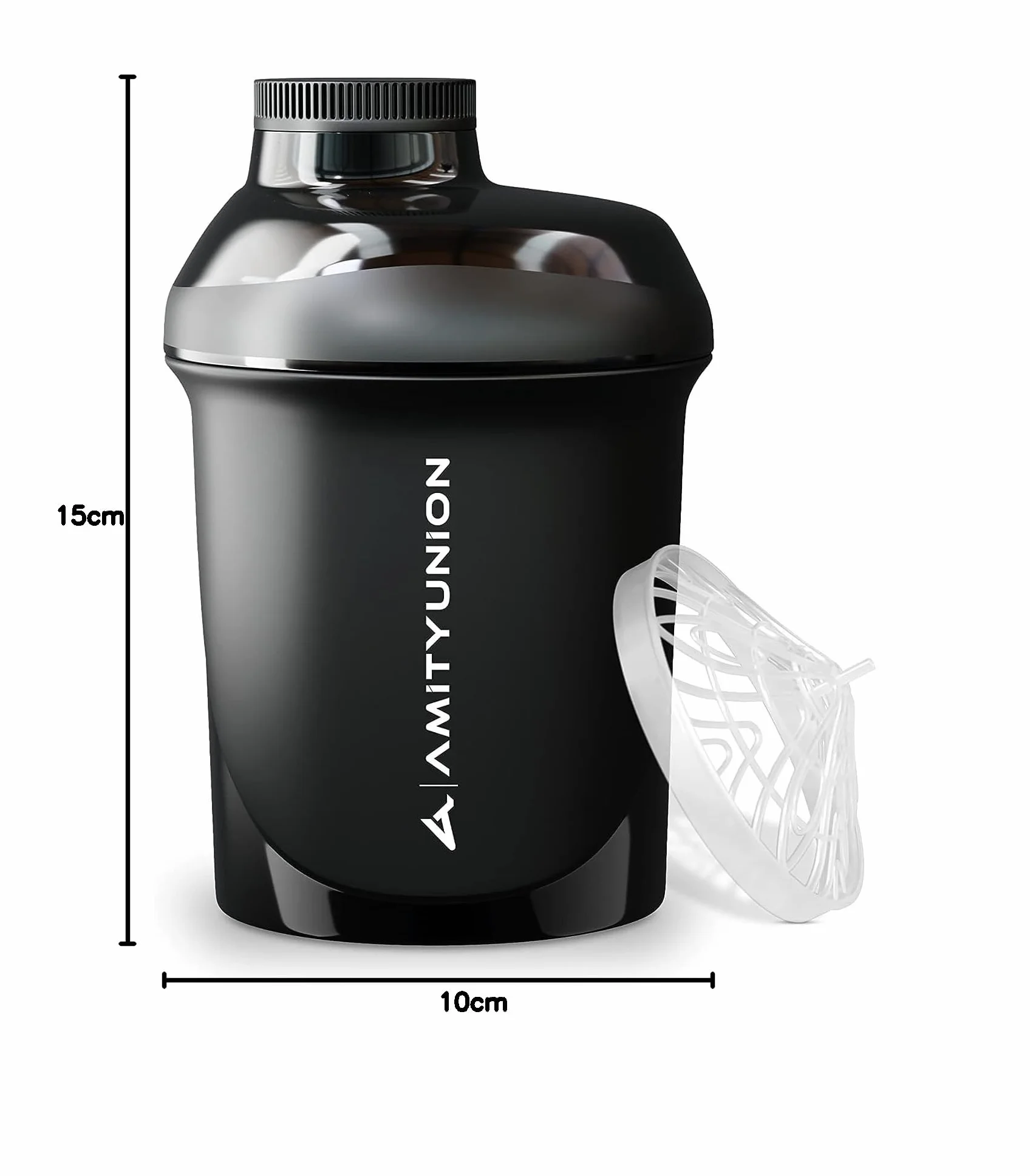 AMITYUNION Shaker do białek, 400 ml, z sitkiem, mały shaker proteinowy, zabezpieczony przed wyciekiem, bez BPA, ze skalą do kremowych koktajli proteinowych w proszku Whey