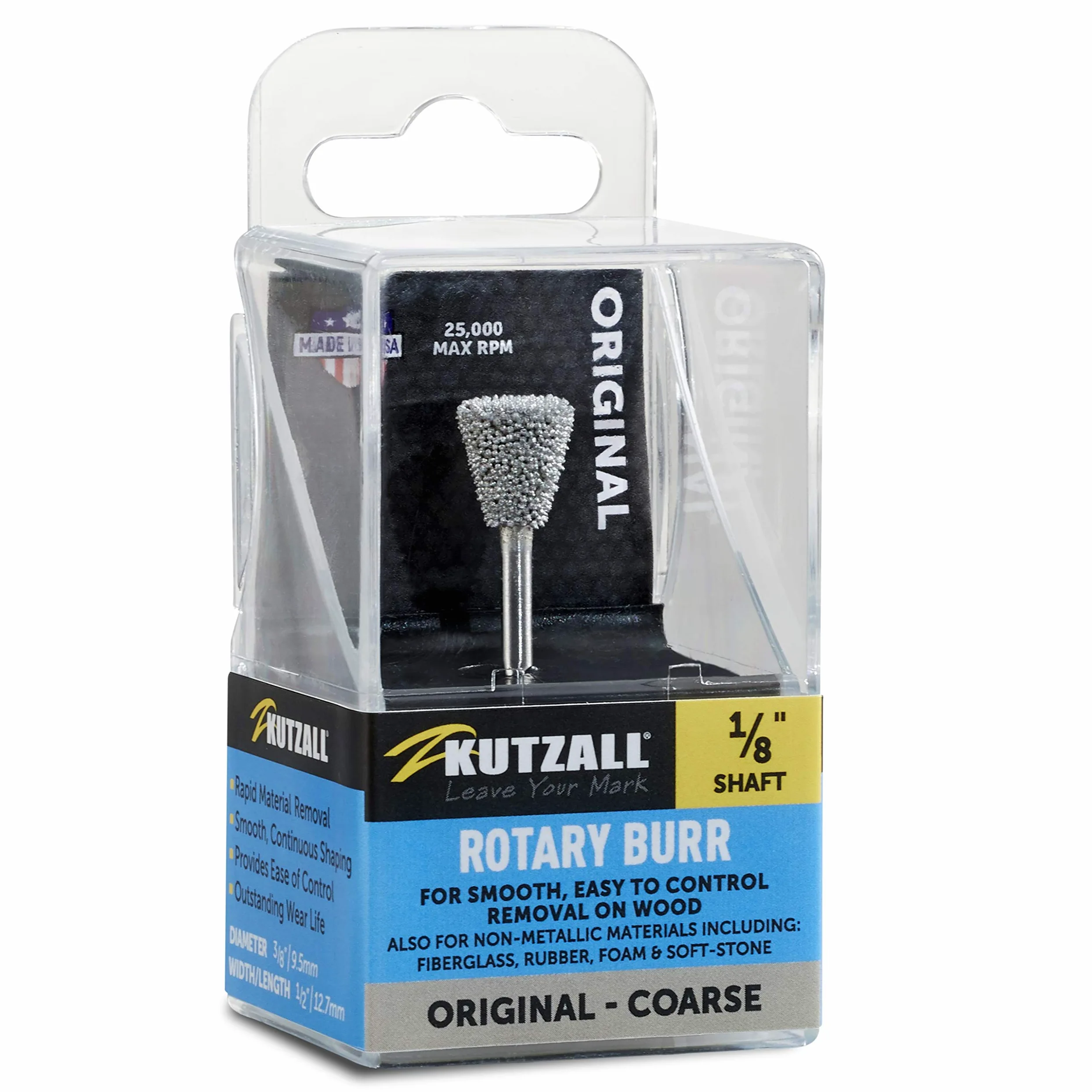 Kutzall Original Dove Tail Rotary Burr, 1⁄8" Shaft, Coarse - Woodworking Attachment for Dremel, Foredom, DeWalt, Milwaukee. Abrasive Tungsten Carbide, 3⁄8" (9.5mm) Dia. X 1⁄2" (12.7mm) Length, DT-38-E