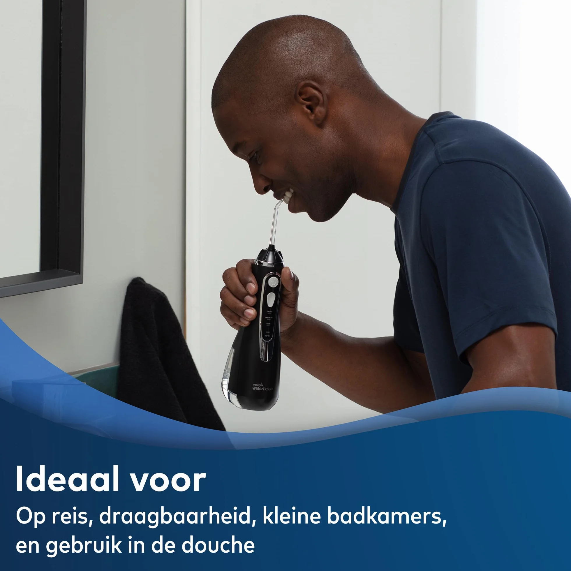 Waterpik Irygator Bezprzewodowy Cordless Advanced, 3 Ustawienia Ciśnienia, Usuwanie Płytki Nazębnej, Idealny w Podróż i do Małej Łazienki, Zasilanie Akumulatorowe USB, Kolor Czarny (WP-582EU)