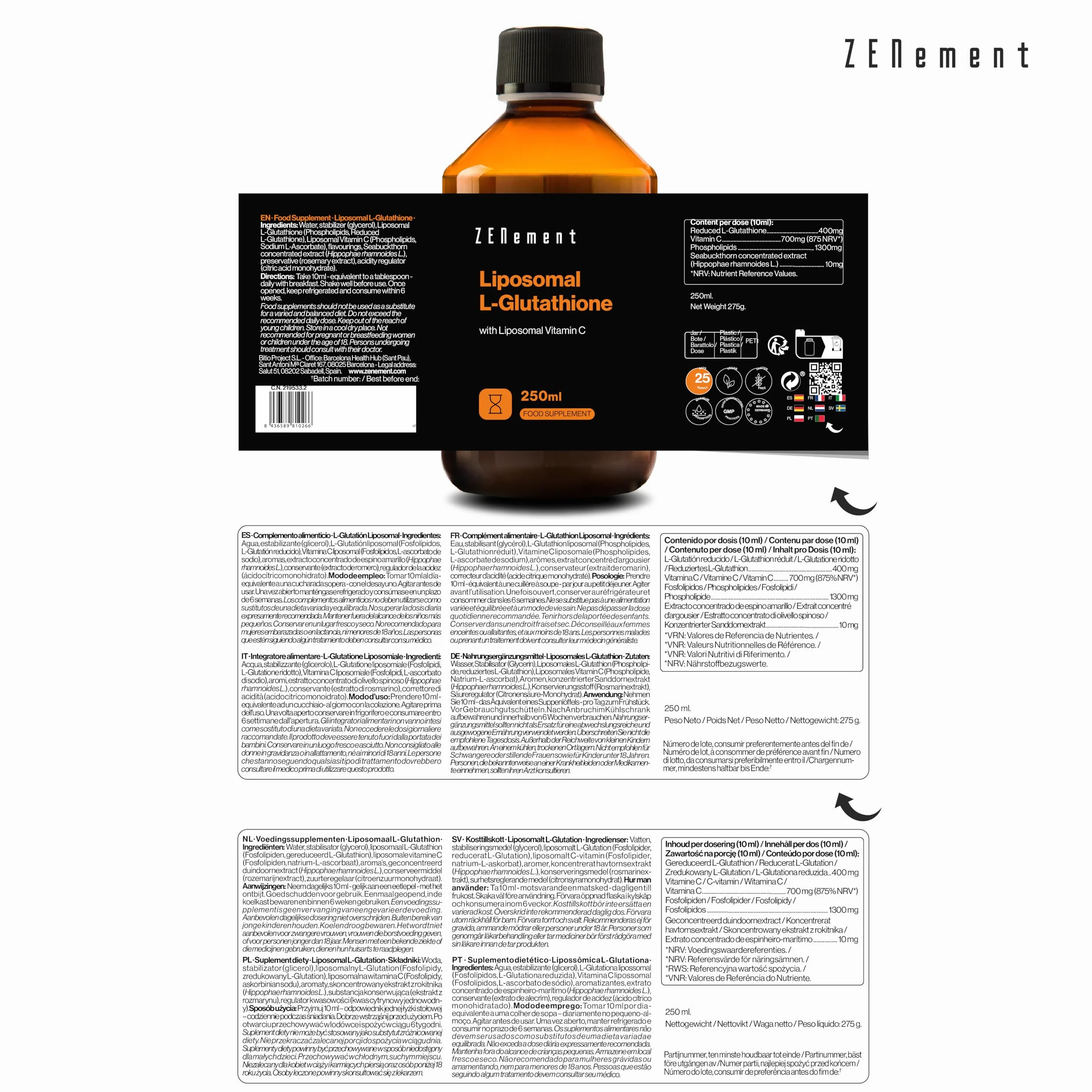 Liposomal L-Glutation, + Witamina C, 250 ml wegańskie | Maksymalna biodostępność, silny przeciwutleniacz | Wegańskie, bez alergenów, bez GMO | Zenement
