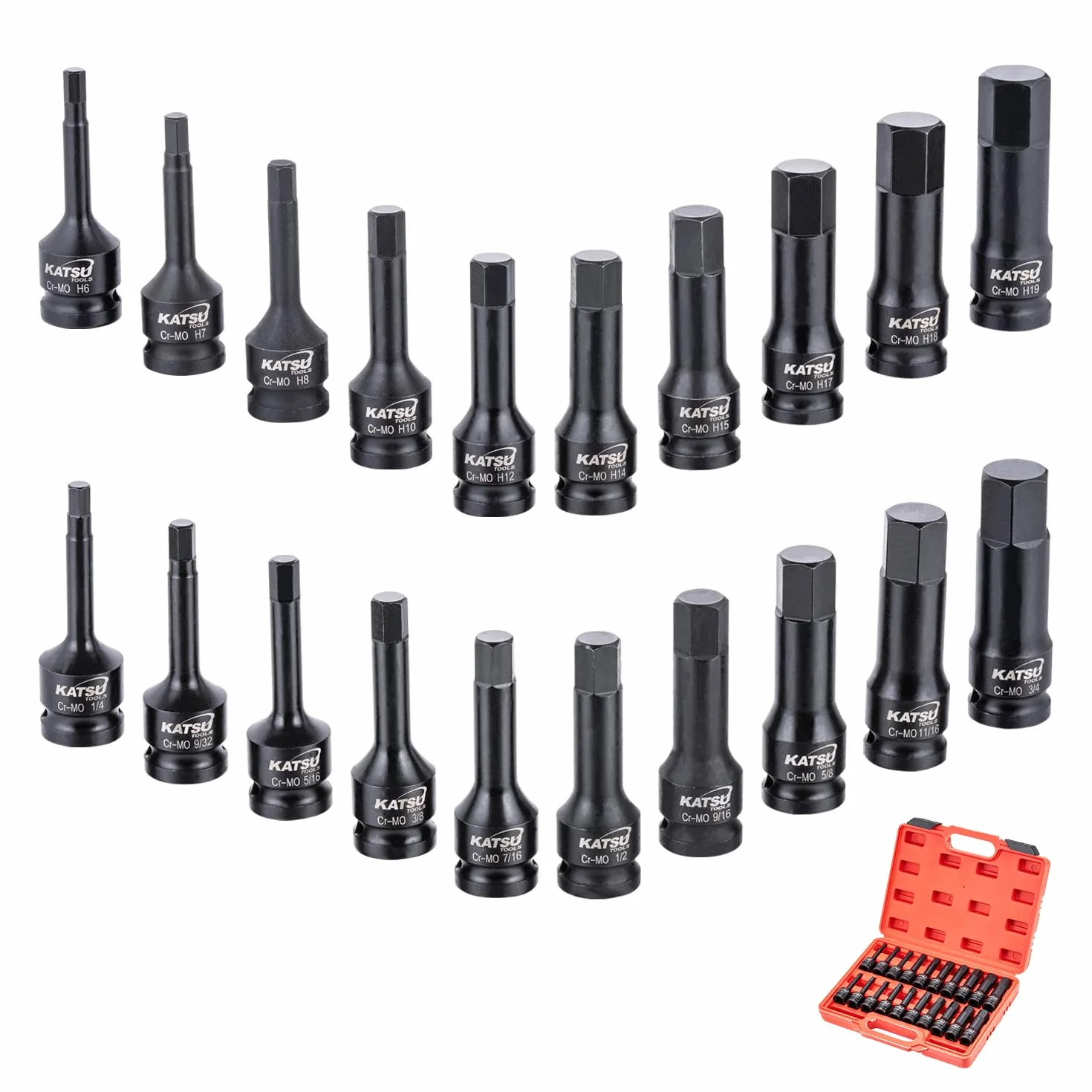 KATSU Tools Zestaw nasadek imbusowych 1/5.1 cm, 20 szt., rozmiar metryczny i imperialny, H6 - H19 i H1/10.2 cm - H3/10.2 cm, stal CR-MO, długość 78 mm 420413