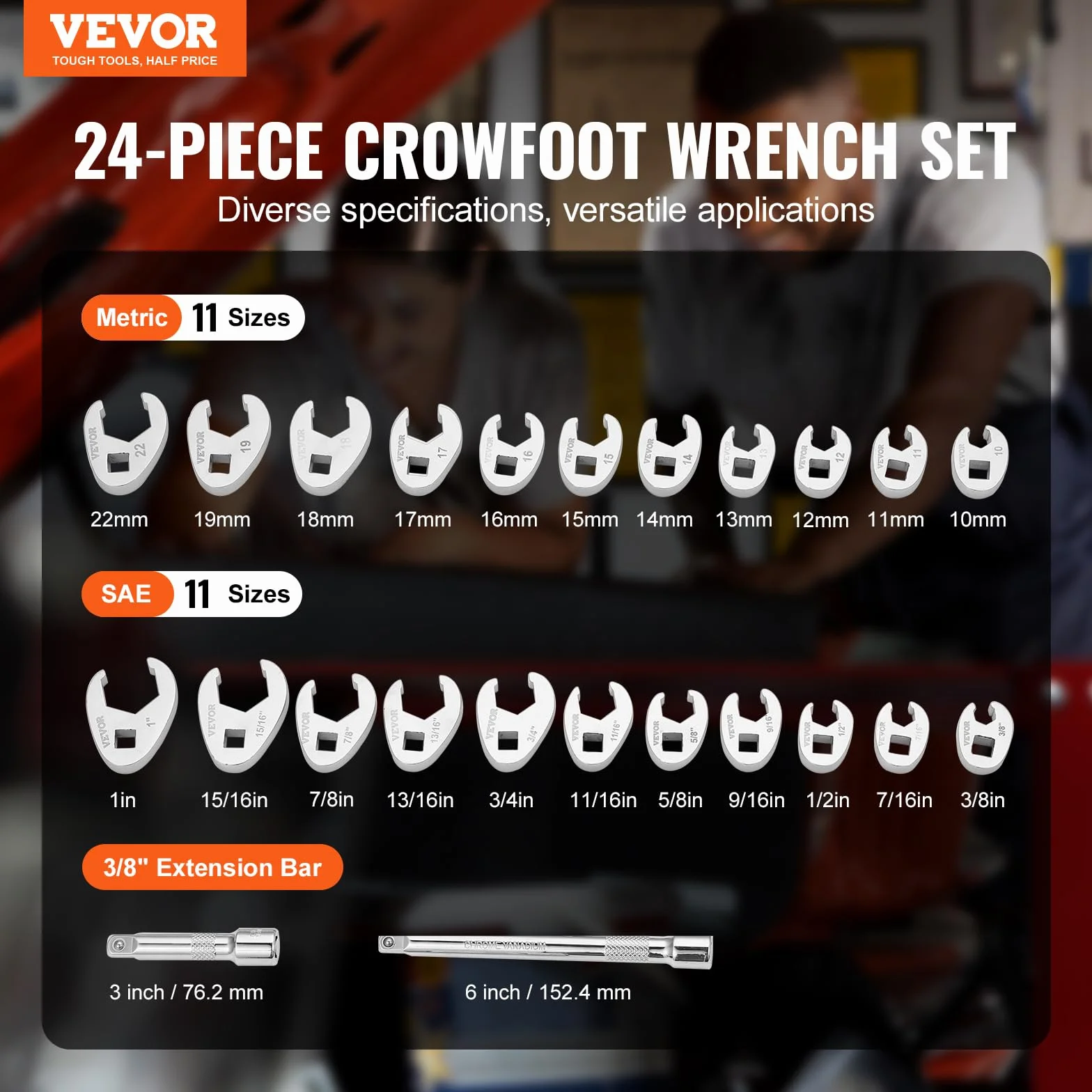 VEVOR Zestaw kluczy Crowfoot 24-częściowy SAE 3/20.3 cm-2.5 cm metryczne 10-22 mm CR-MO Steel