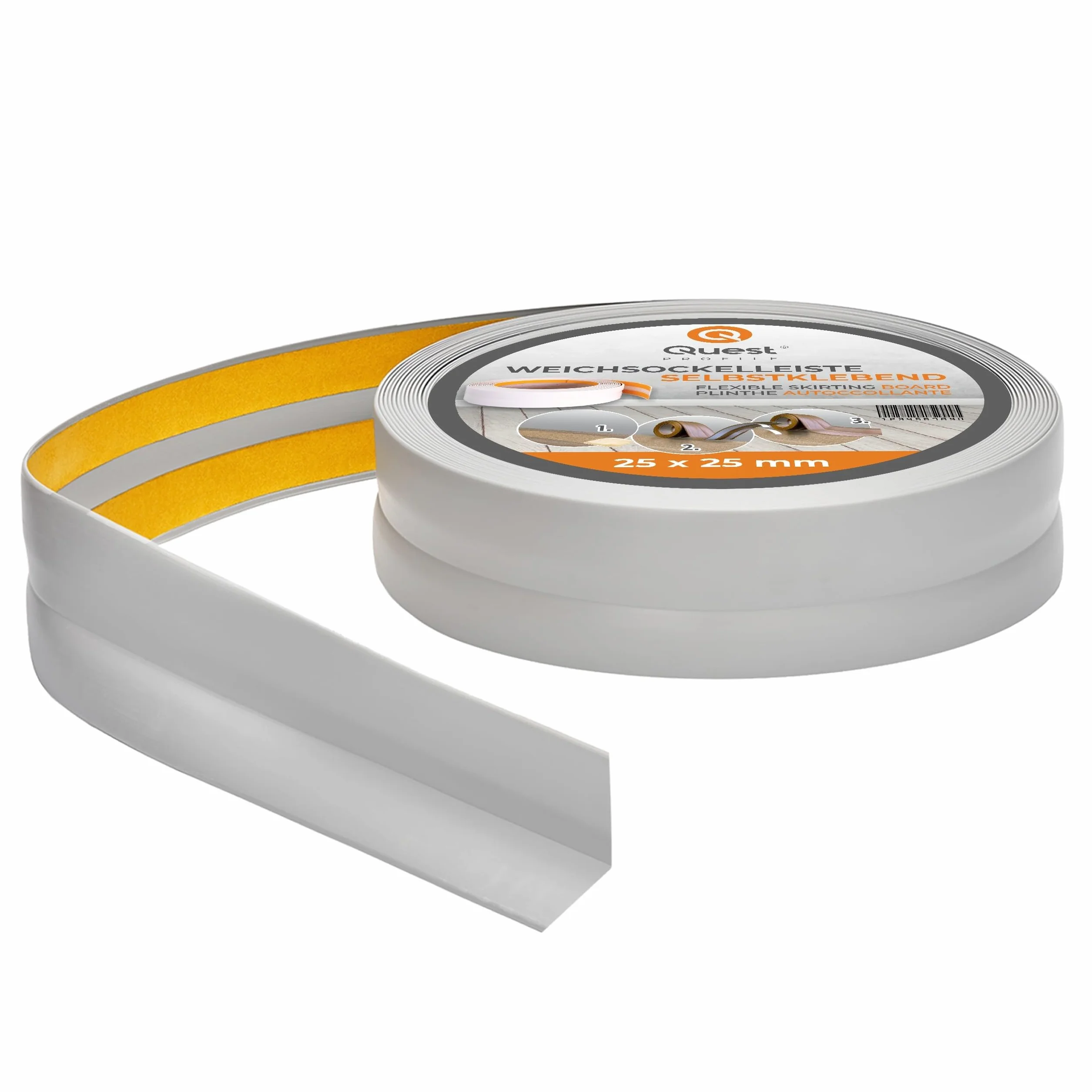 QUEST Listwa wykończeniowa PVC 25x25 mm, samoprzylepna, elastyczna, miękka taśma dekoracyjna, szary, 15 m