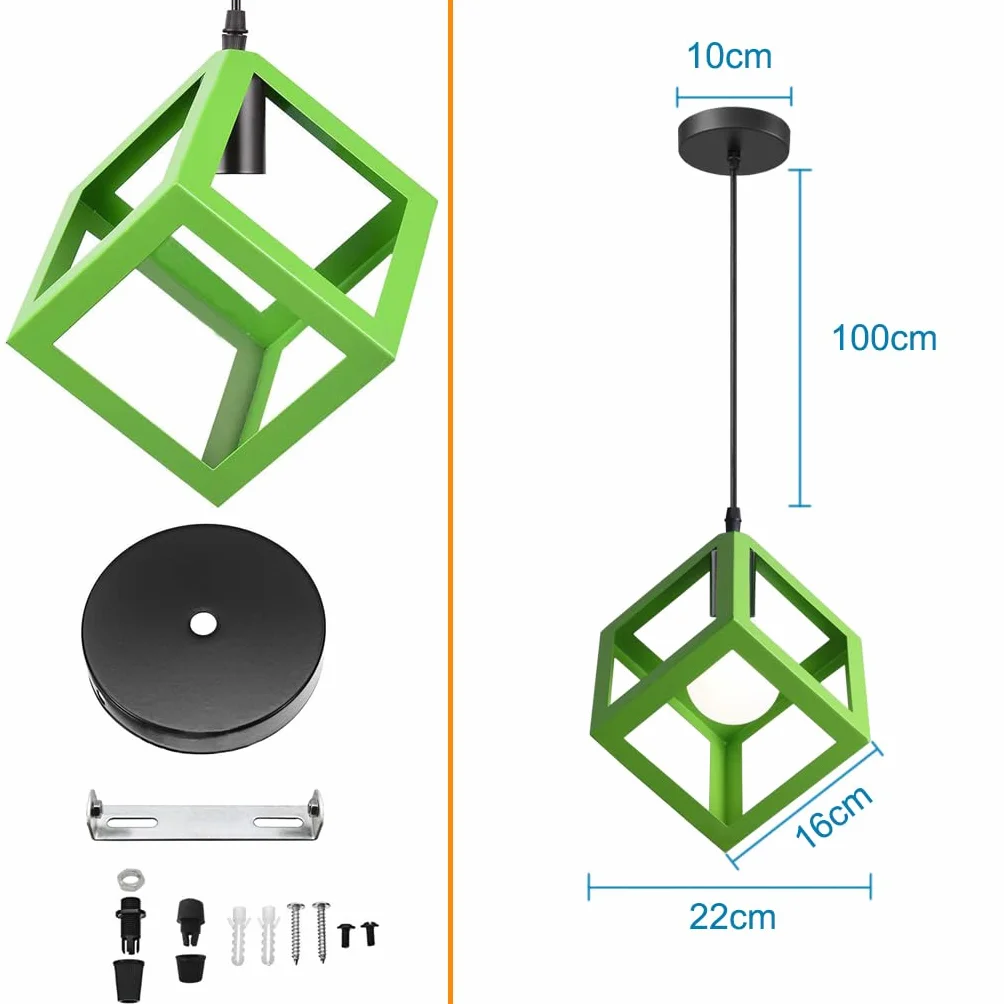 iDEGU Zestaw 2 nowoczesnych lamp wiszących, żyrandol, kształt sześcianu, geometryczny styl metalowy klosz lampy E27, wiszące oświetlenie do sypialni, salonu, restauracji - 16 cm, zielony