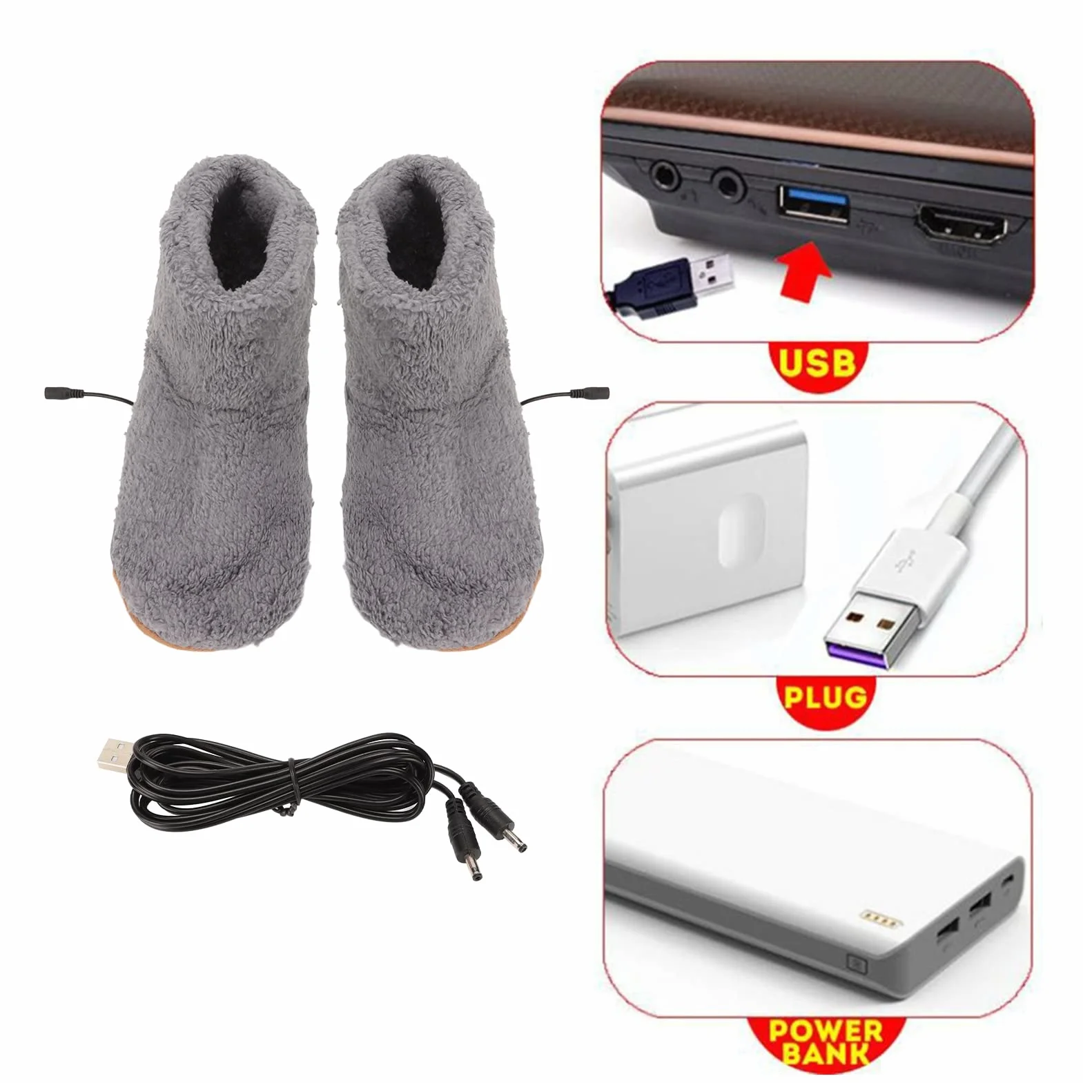Elektryczne Buty Grzewcze Podgrzewane Kapcie USB Ładowanie Antypoślizgowe Flanelowe Szary