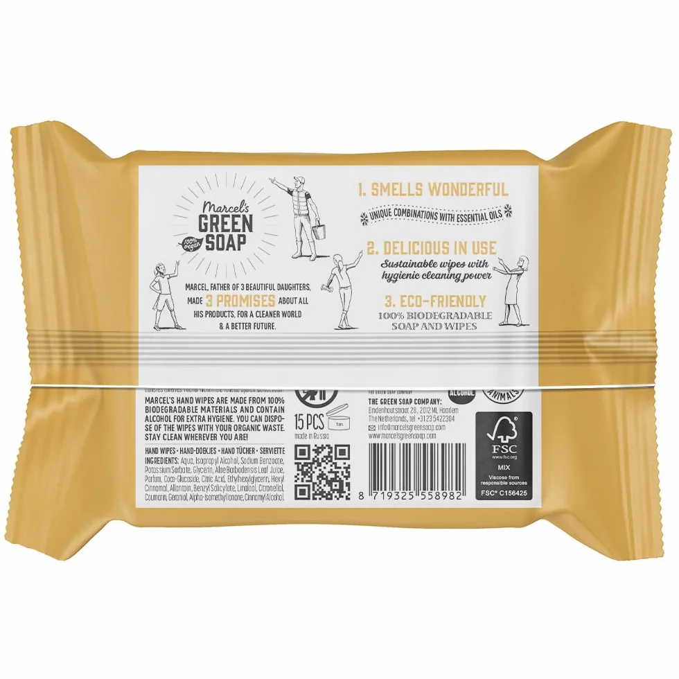 Marcel's Green Soap Higieniczne chusteczki nawilżane do rąk, opakowanie 15 sztuk, wanilia i kwiat wiśni, na bazie roślin, przyjazne dla środowiska