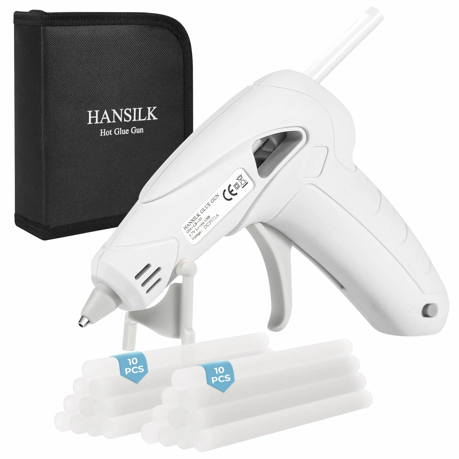 HANSILK Bezprzewodowy pistolet do klejenia na gorąco, mini pistolet do klejenia na gorąco, ładowany przez USB, 2200 mAh, czas pracy 90 minut, 20 szt. patyczków do kleju (7 x 100 mm) do ręcznie