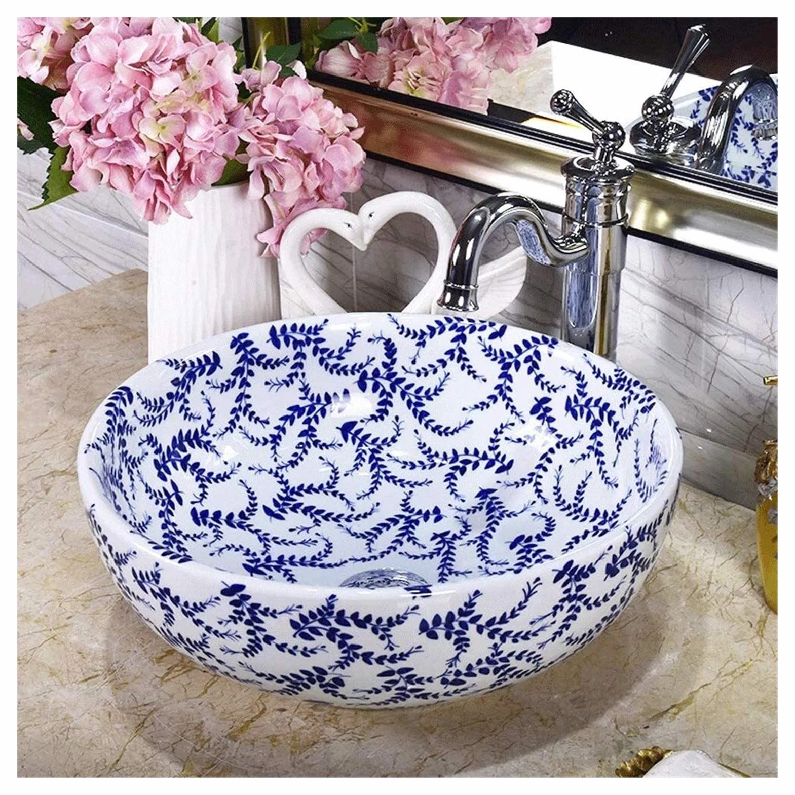 Szafka Pod Umywalkę Z Umywalką, Umywalka Nablatowa, Nowoczesna Okrągła Ceramiczna Umywalka Nablatowa, Porcelanowa Miska Nablatowa Z Ręcznie Malowanym Wzorem Liści