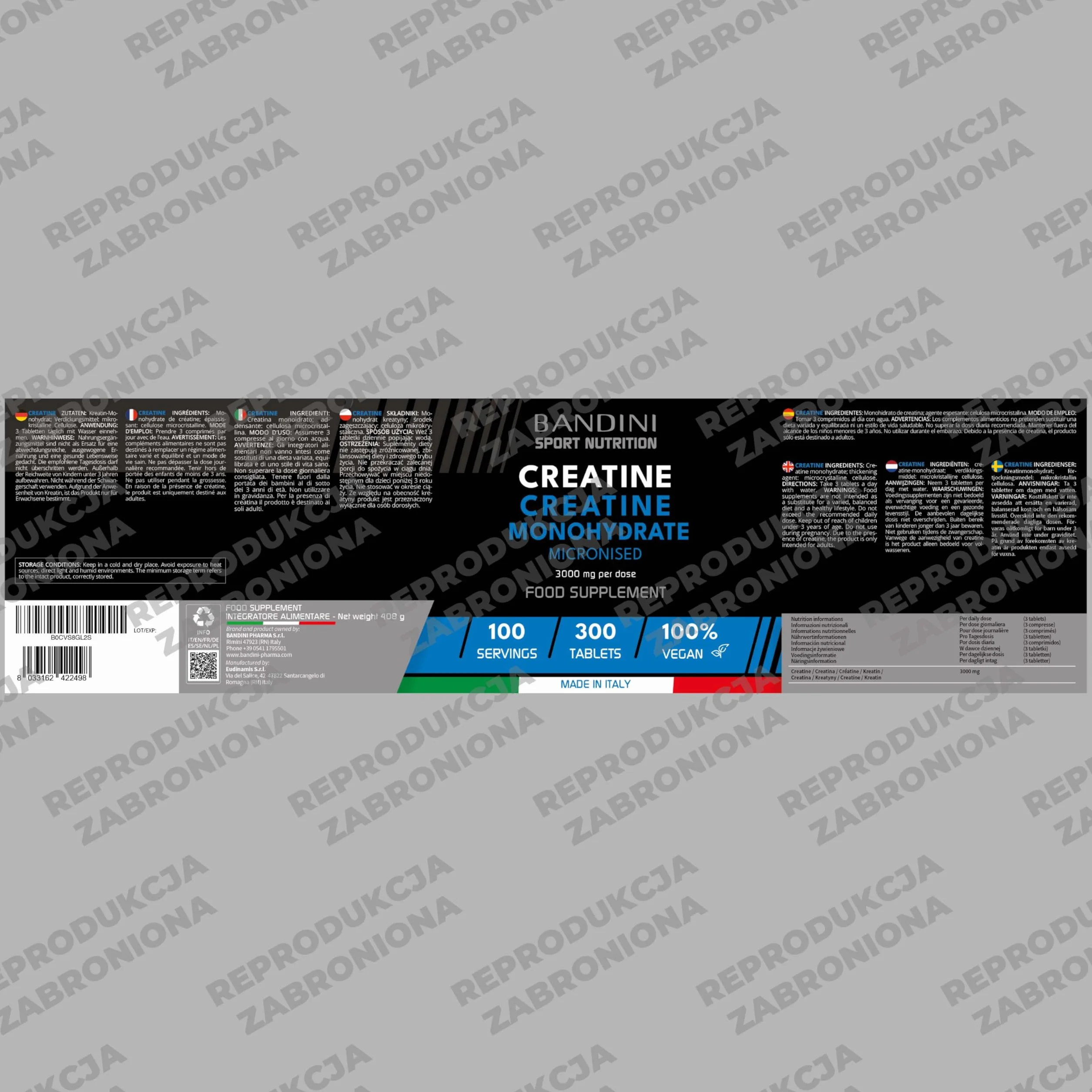 Bandini® Creatine Monohydrate Micronised 300 tabletek 3000 mg porcja wegański 100% czysty monohydrat kreatyny