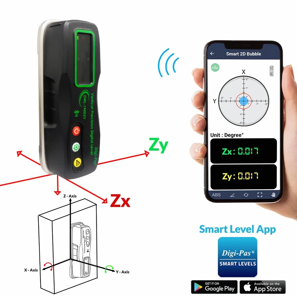 2-osiowy inteligentny pionowy poziom dokładności Digi-Pas DWL1900XY Bluetooth, 0,0002 "/ft (0,02 mm/m)