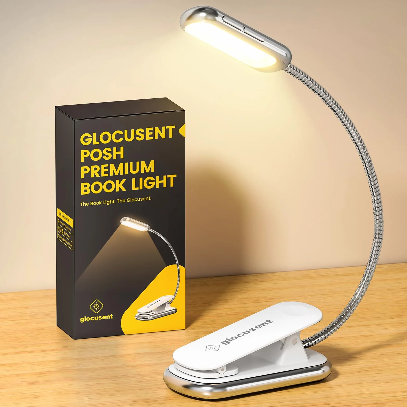 Glocusent Posh Premium lampka do czytania do książek w łóżku z timerem, 16-LED ładowalna lampka do czytania działa 160 godzin, 1800K Eyecare Clip na lampce do czytania, 3 kolory i 5 poziomów jasności (Biały)