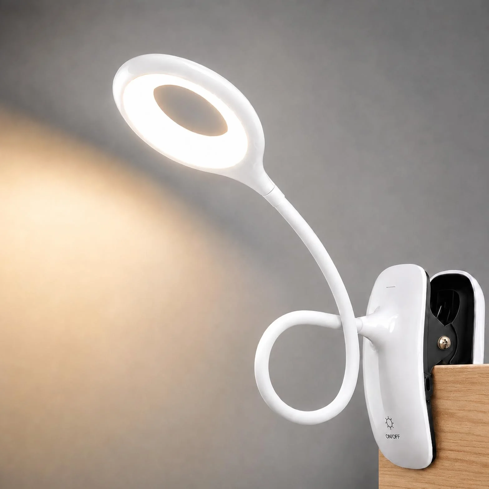 Lampka Zaciskowa LED do Czytania z Klipsem USB, 3 Kolory Światła, Dotykowe Ściemnianie, Elastyczne Ramię, Biała