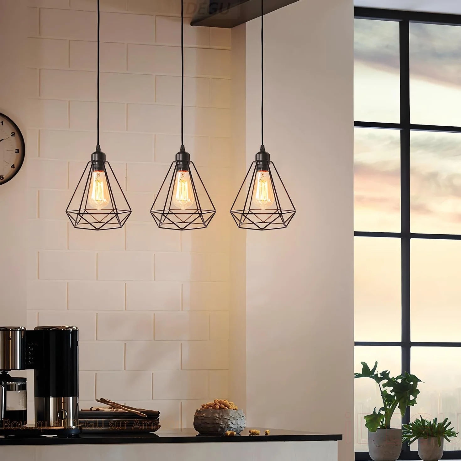 iDEGU Przemysłowa lampa wisząca, 3 światła Vintage E27 żyrandol wiszący w stylu geometrycznym z podstawą montażową - czarny - Ø 20,5 cm (3 światła - 20 cm)