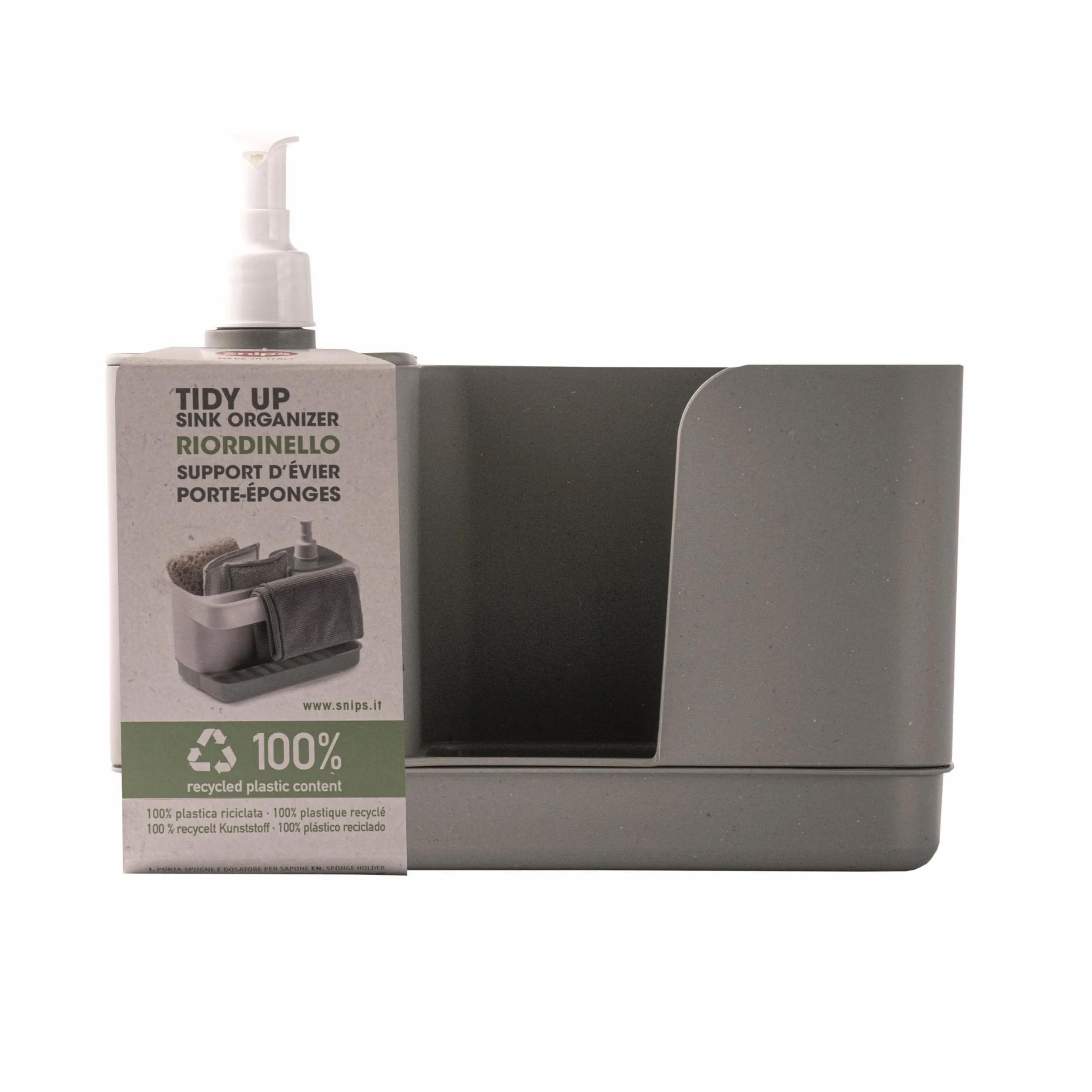 Snips Riordinello szary, uchwyt na gąbkę z dozownikiem, organizer na zlew szary, pojemnik na naczynia 12L x 18W x 21H cm, wyprodukowany we Włoszech, 0% BPA i bez ftalanów