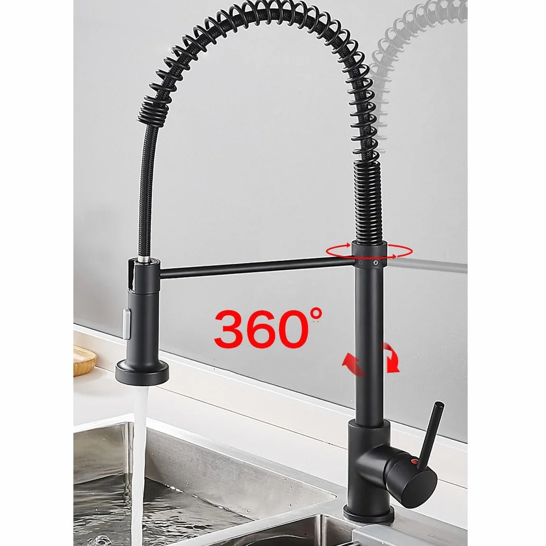 Obrotowy kran kuchenny o 360° z wyciąganym opryskiwaczem czarne i szczotkowane wykończenie nowoczesny kran mieszający z pojedynczym otworem do użytku domowego i komercyjnego stylowy chromowany