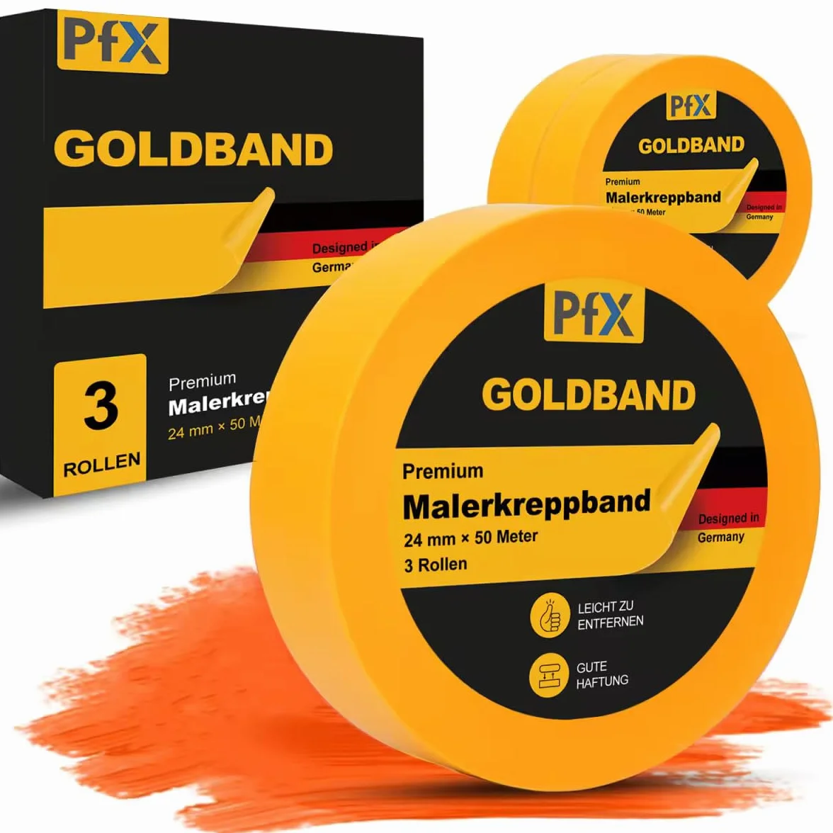 Taśma malarska PfX Goldband – 3 x taśma malarska 24 mm x 50 m (rolka), profesjonalna taśma maskująca, taśma Washi Tape, złota taśma papierowa, samoprzylepna, czyste krawędzie i precyzyjne naklejanie