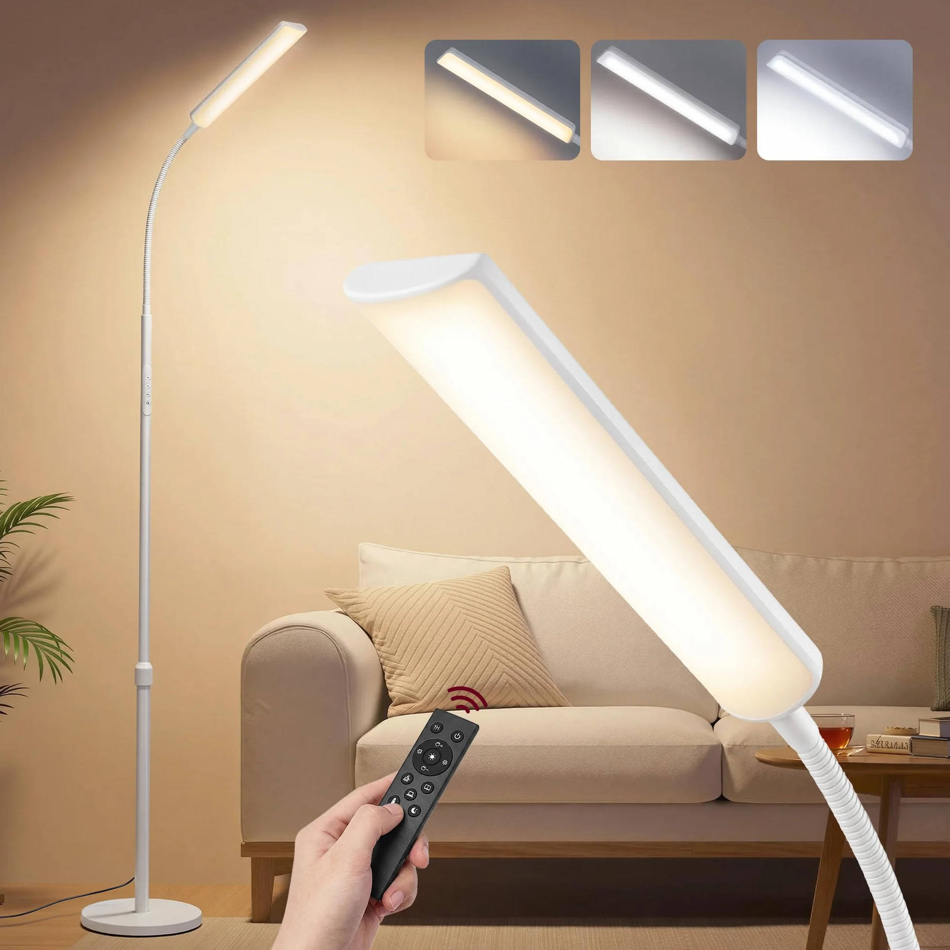 VASAGLE Lampa podłogowa regulowana wysokość 141-175 cm 15 W elastyczna głowica 360° timer funkcja pamięci przycisk pilot matowa biel LFL007WC02