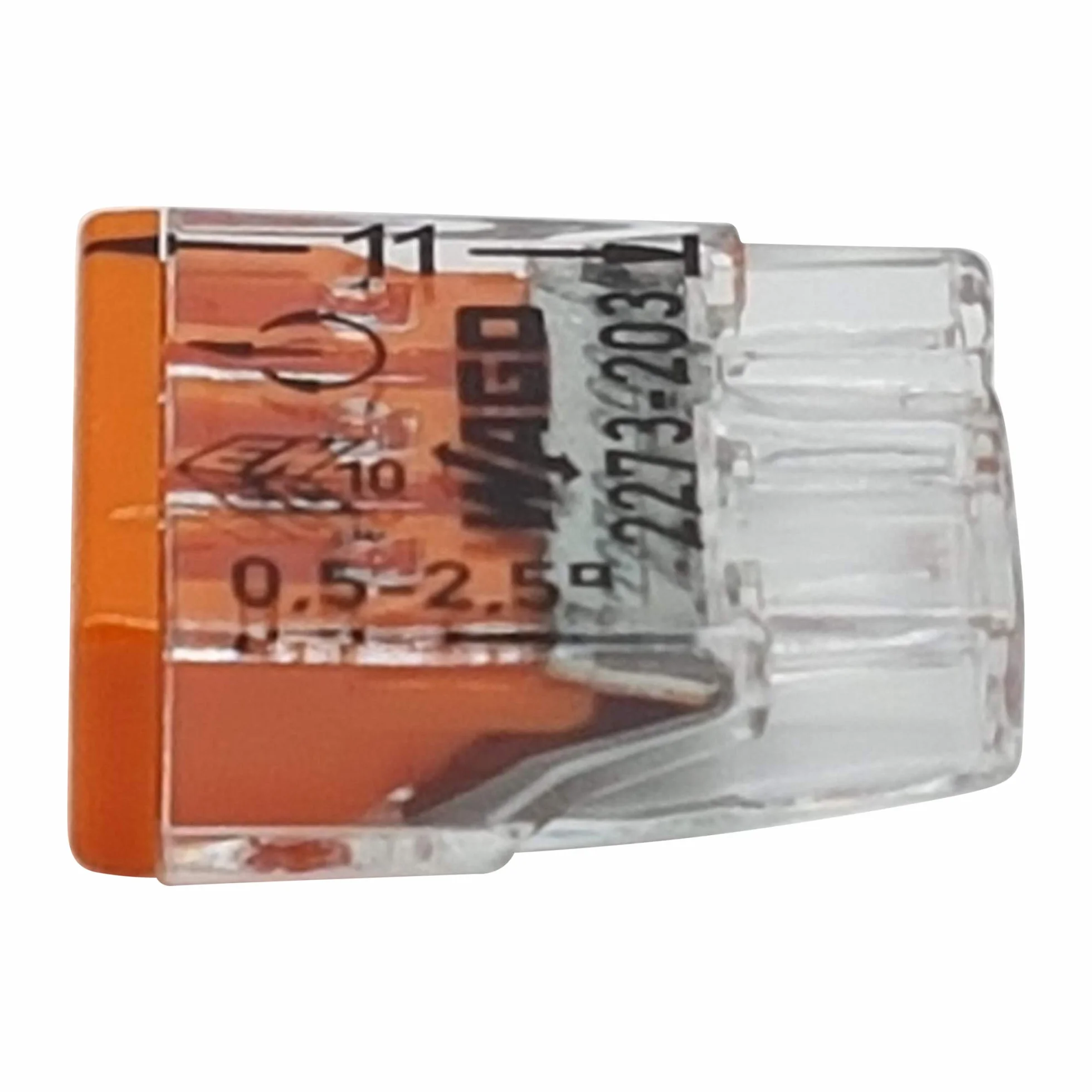 20 sztuk Wago 2273-203 COMPACT zaciski przyłączeniowe Ø 0,5-2,5 mm², 3-biegunowe, przezroczyste/pomarańczowe