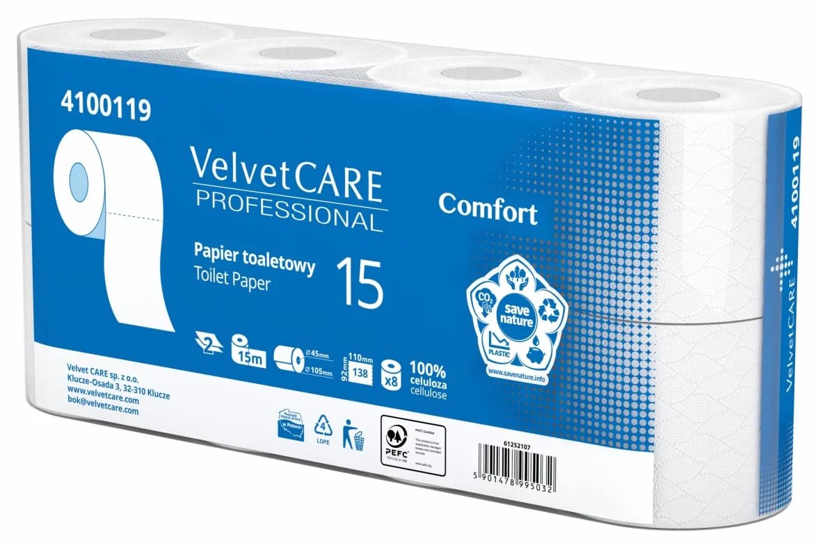 Papier toaletowy Velvet Comfort 8 sztuk 15m 2-warstwowy | biały | *celuloza | bezpłatna dostawa 24h