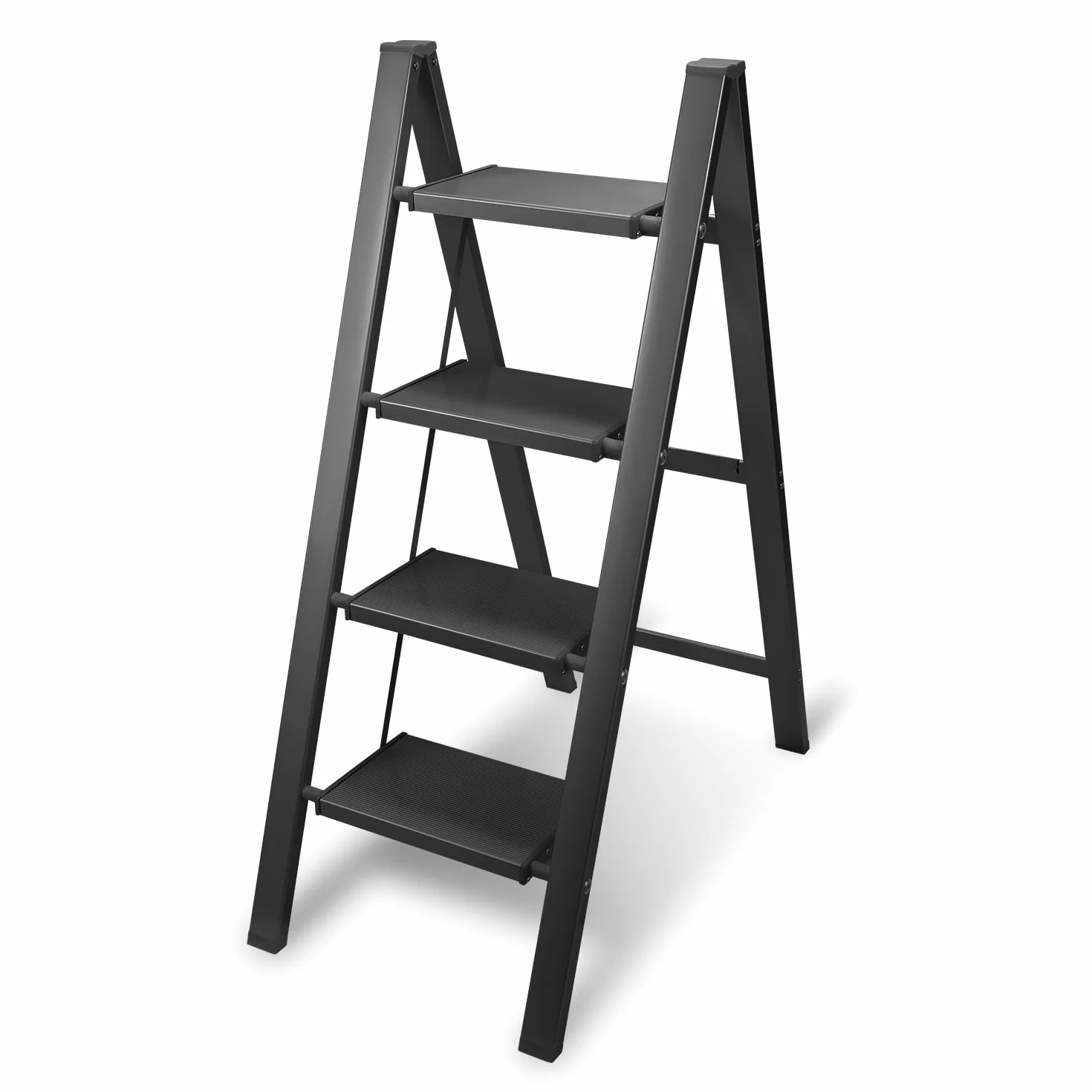 Aluminiowa drabina schodkowa, 4-stopniowa drabina, aluminiowa drabina składana, antypoślizgowa drabina stojąca, mała i kompaktowa, obciążenie do 150 kg, do gospodarstwa domowego, biura,