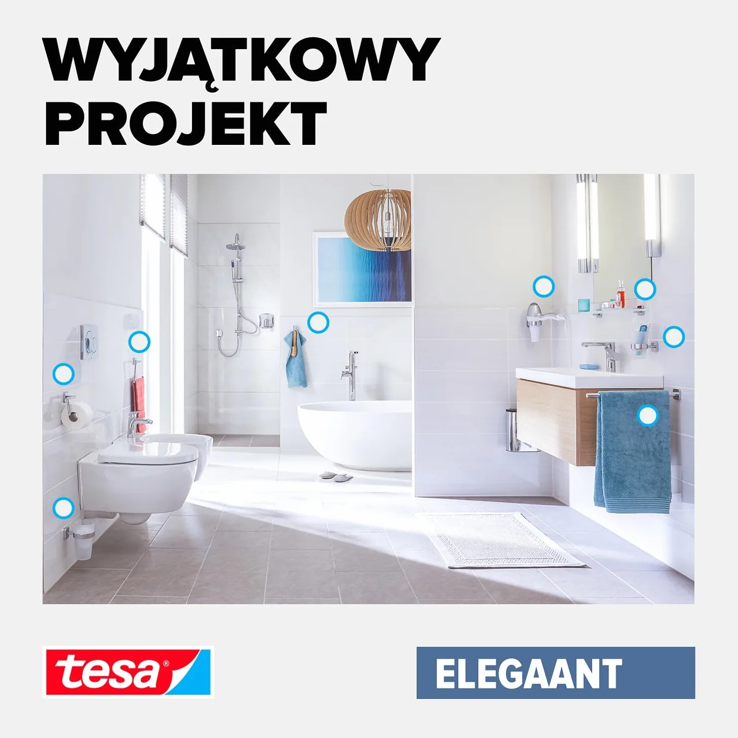 tesa ELEGAANT wieszak na ręczniki – samoprzylepny, metalowy pierścień ręcznikowy do łazienki – chromowany metal – prosty montaż – 156 mm x 185 mm x 45 mm