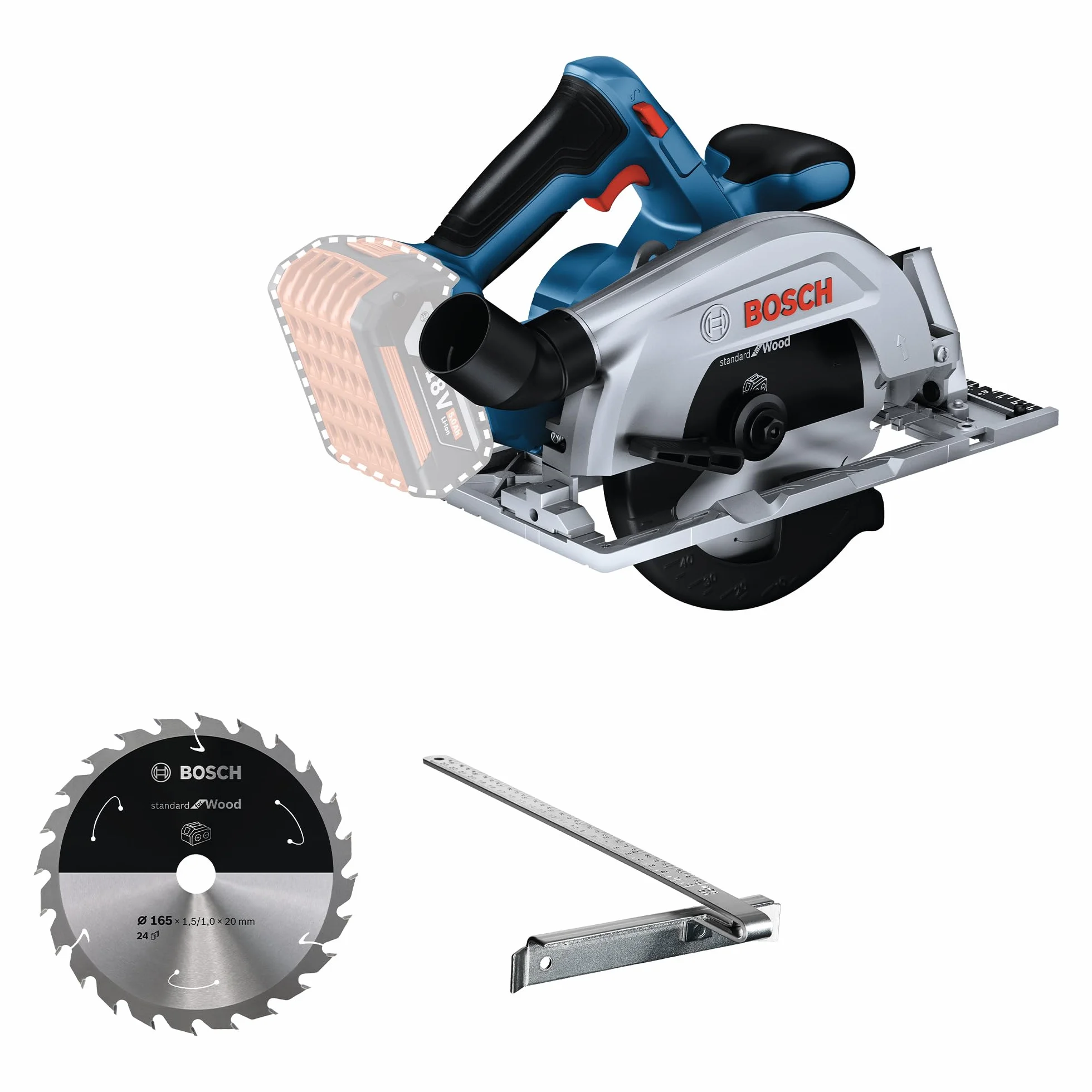 Bosch Professional system 18V: akumulatorowa pilarka tarczowa GKS 185-LI (1 prowadnica równoległa, 1 tarcza pilarska, prędkość obrotowa bez obciążenia 5.000 min-1)