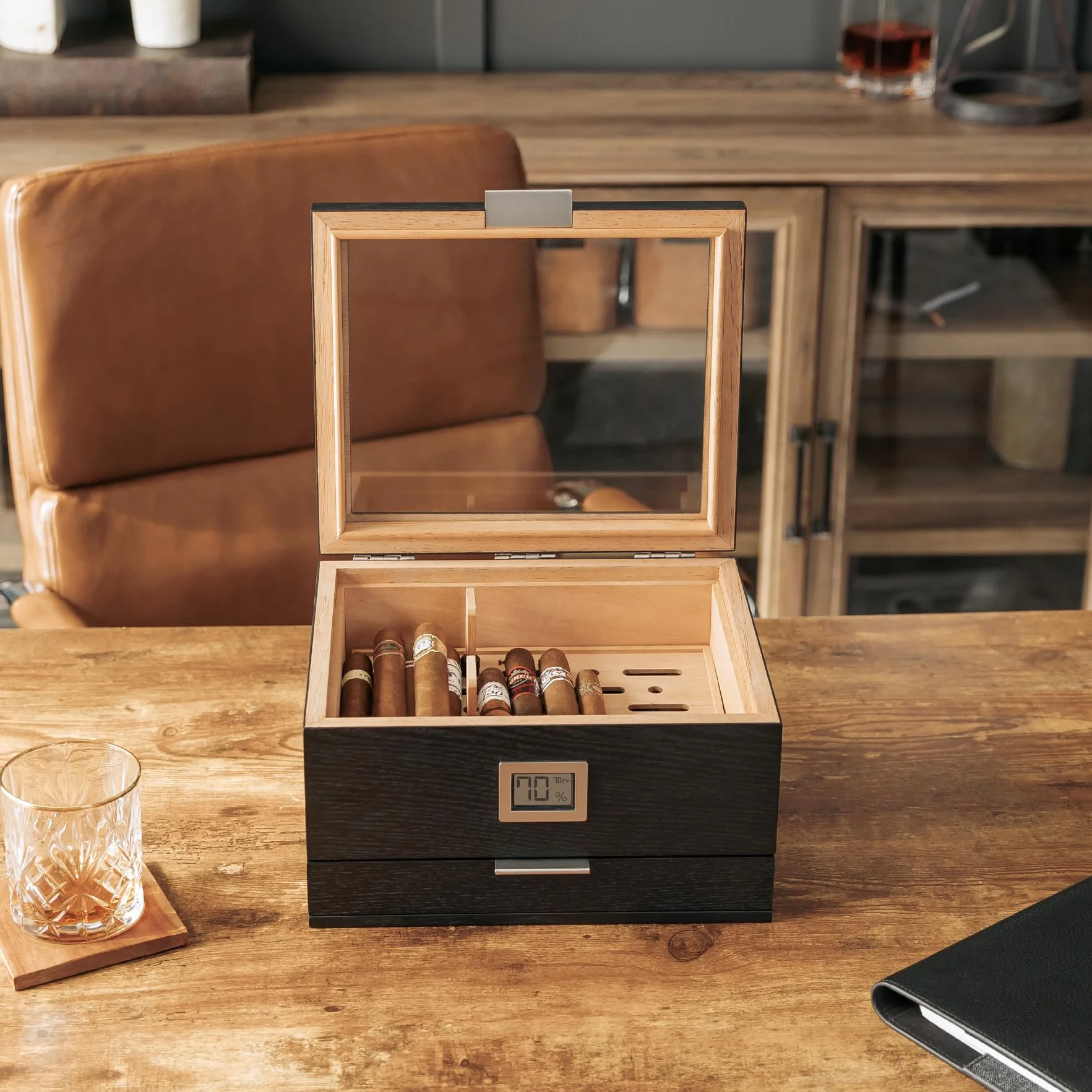 Klaro Mill Glass Top Humidor Matte Black Wood Grain 30-60 Cigars Spanish Cedar Digital Hygrometer
