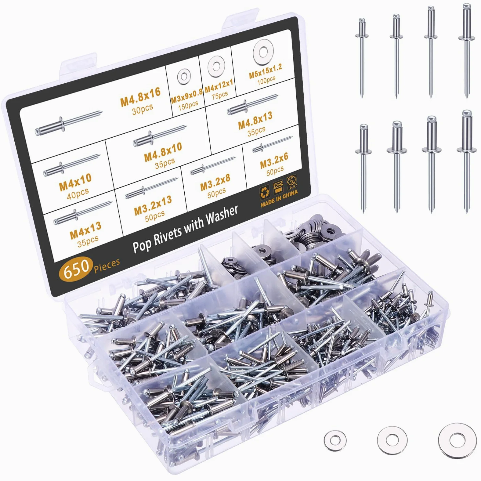 Gueenky 650 sztuk nitów ze stali nierdzewnej 3,2/4/4,8 mm, 8 rozmiarów nitów zrywalnych z podkładką, zestaw nitów pop, do łączenia płyt metalowych, mebli samochodowych