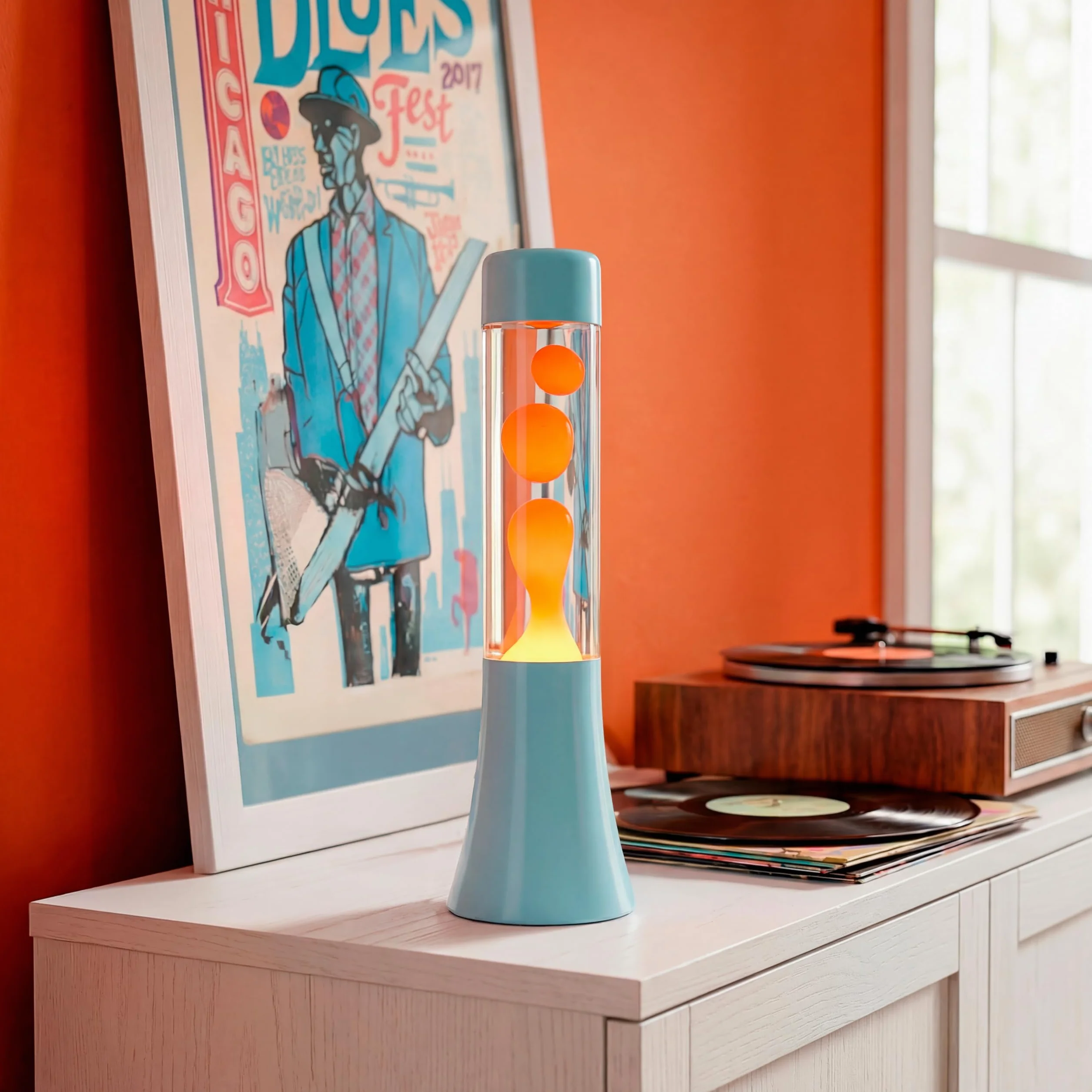 Fisura Lampa lawa zielona 30 cm retro dekoracyjna niebieska podstawa pomarańczowy płyn