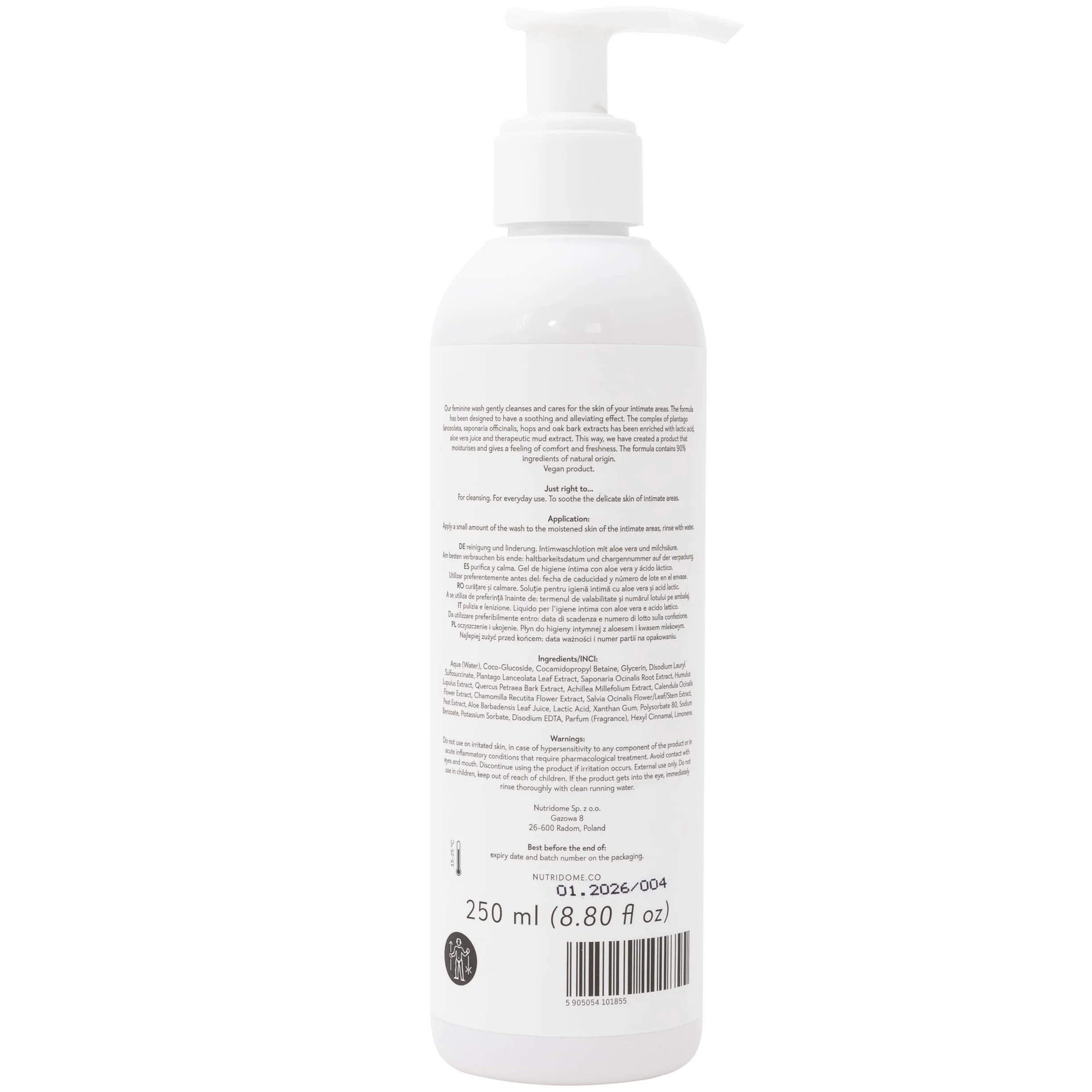 Nutridome Kojący Płyn do Higieny Intymnej z Aloesem i Kwasem Mlekowym 250 ml - 90% Naturalnych Składników, Odpowiedni dla Wegan