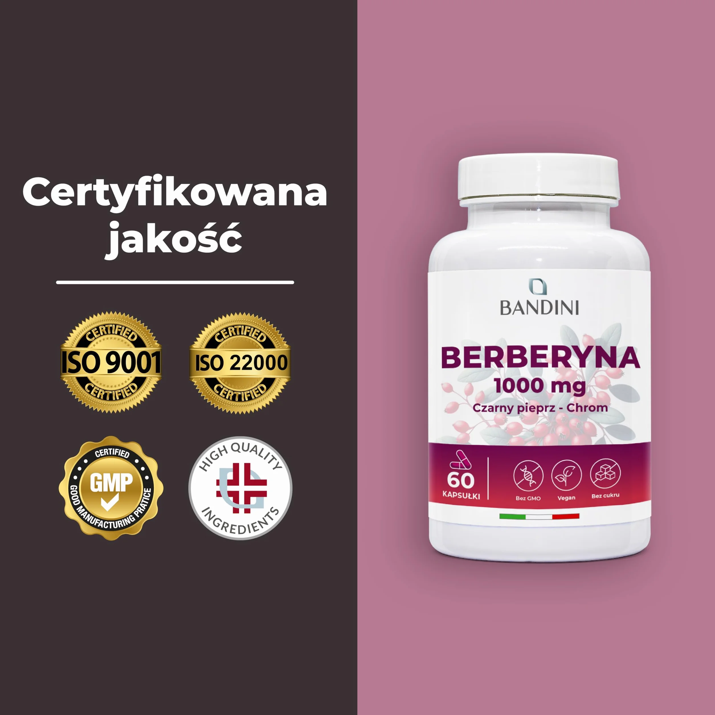 Bandini® Berberine 1000mg czysta wysoka dawka | 60 wegańskich kapsułek - Czysta Berberyna HCl z Berberis Aristata 97% + Chrom i Czarny Pieprz | Maksymalne wchłanianie - Trawienie, funkcja wątroby