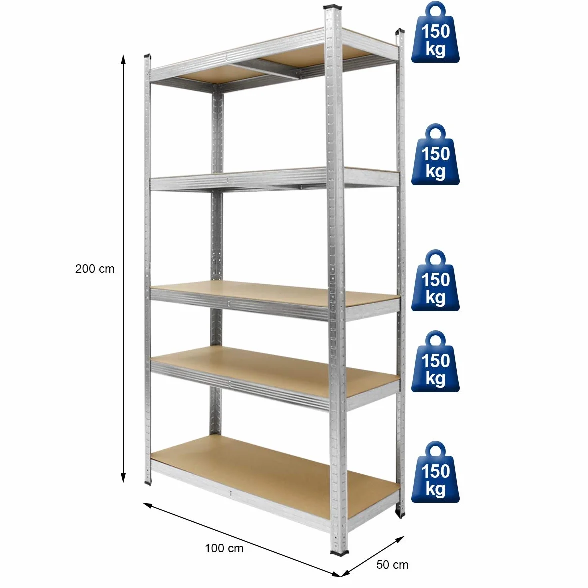 ECD Germany Regał Warsztatowy Do Dużych Obciążeń - 200x100x50 cm - Ocynkowany - Nośność Do 750kg - 5 Paneli MDF - Magazynowy Bezsrubowy Piwniczny Garażowy Metalowy