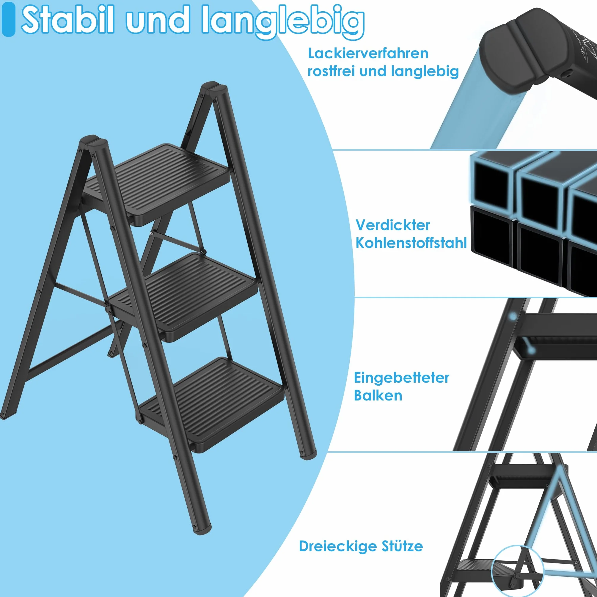 LARS360 Drabina schodkowa, 3-stopniowa składana, drabina ze stali, antypoślizgowe maty gumowe, poszerzone stopnie, obciążenie do 270 kg, do domu, biura, garażu, czarna
